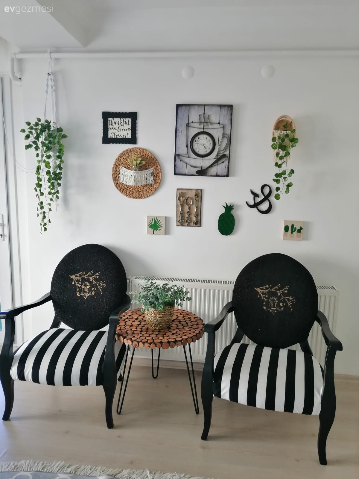 Berjer, Siyah, Beyaz, Duvar dekorasyonu, Yan sehpa, Sehpa, Hasır, Çizgili desen, Desenler, Ev bitkisi, Çerçeve