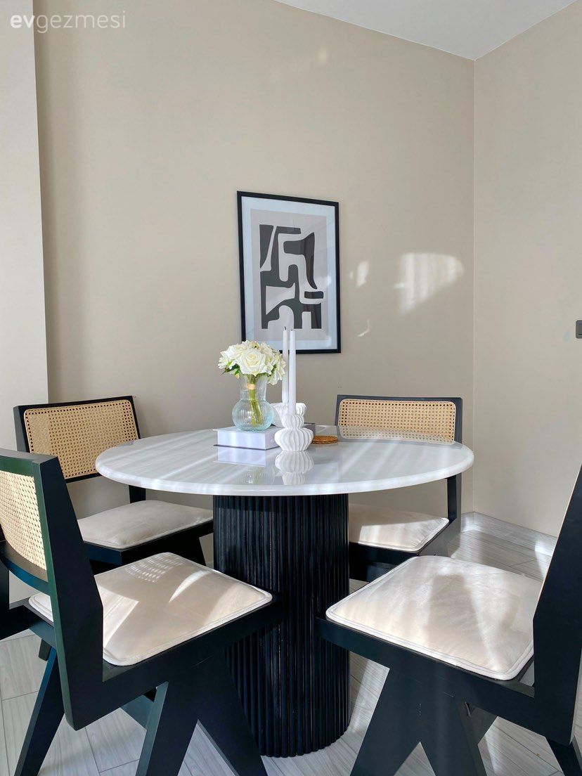 Yemek Odası, Beyaz, Siyah, Hazeran, Yemek masası, Tablo, Duvar dekorasyonu, İskandinav