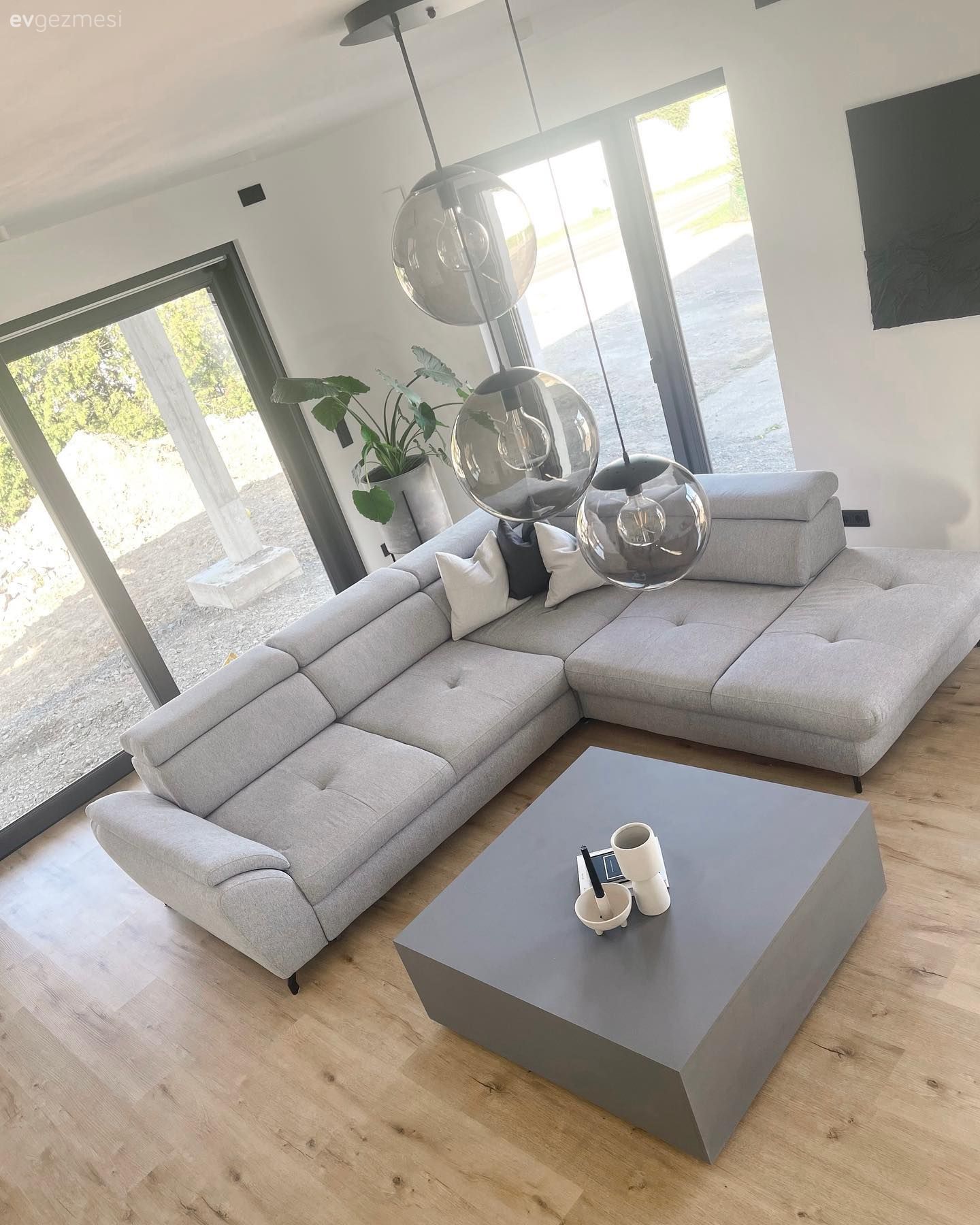 Salon, Modern, Gri, Beyaz, Siyah, Köşe koltuk, Koltuk takımı, Orta sehpa, Sehpa, Parke, Açık konsept yaşam alanı, Ev bitkisi
