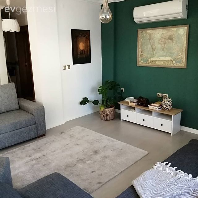 Oturma Odası, Gri, Antrasit  , Yeşil duvar, Avize, Aydınlatma, Tv ünitesi, Tv ünitesi aksesuarları, Ev Aksesuar, Saksı, Tül perde, Perde, Dekoratif Objeler, Duvar panosu, Duvar dekorasyonu, Halı