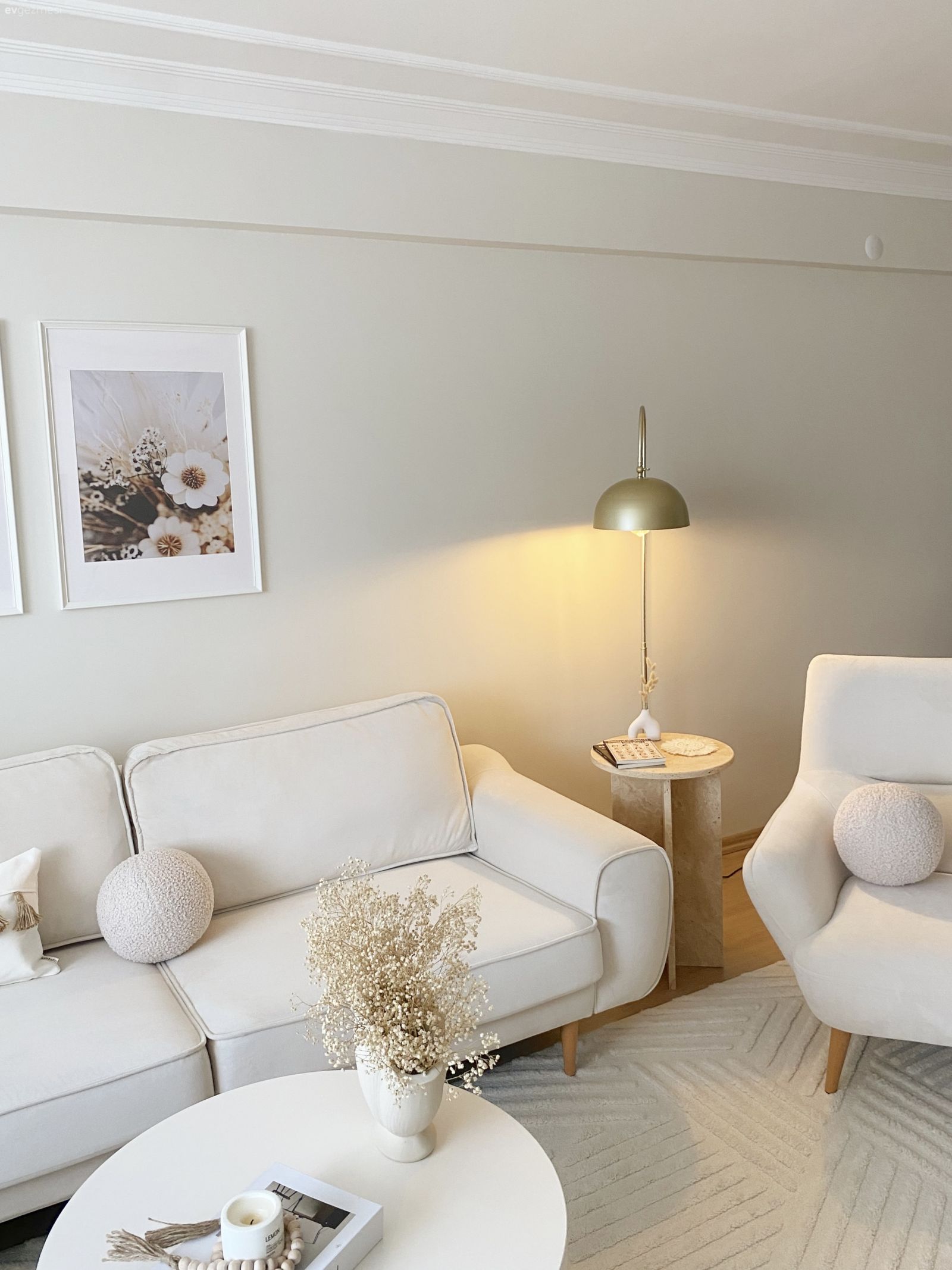 Köşe koltuk, Koltuk takımı, Beyaz, Bej, Berjer, Tablo, Duvar dekorasyonu, Lambader, Aydınlatma, Kırlent, Ev tekstili, Orta sehpa, Sehpa, Halı, Salon halısı, Yan sehpa