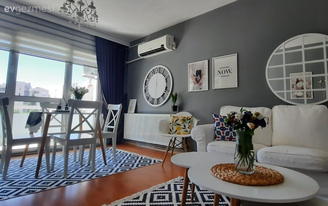 Salon, Beyaz, Siyah, Yeşil, Gri duvar, Koltuk takımı, Geometrik desen, Desenler, Ayna, Çerçeve, Yuvarlak sehpa, Sehpa, Halı, Salon halısı, Avize, Aydınlatma, Kırlent, Ev tekstili, Sandalye, Fon perde, Perde, Zebra Perde, Vazo, Ev Aksesuar, Bohem Dekorasyon