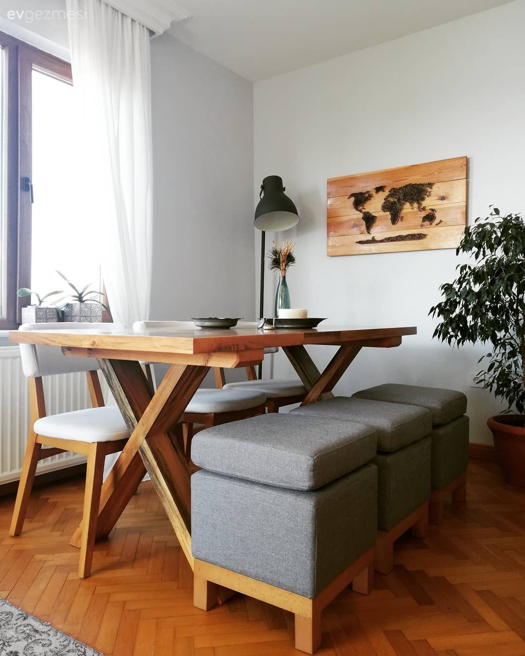 Yemek Odası, Rustik, Yemek masası, Sandalye, Ahşap Mobilya, Puf, Lambader, Aydınlatma, Duvar panosu, Duvar dekorasyonu, Ev bitkisi, Parke