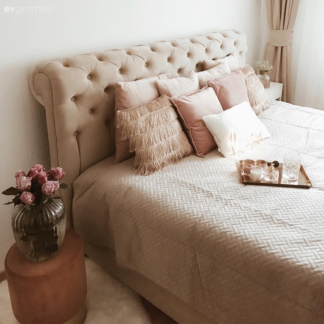 Krem, Kahverengi, Vizon, Bakır, Beyaz, Yatak Odası, Kapitone yatak başlığı, Yatak örtüsü, Puf, Vazo, Ev Aksesuar, Kırlent