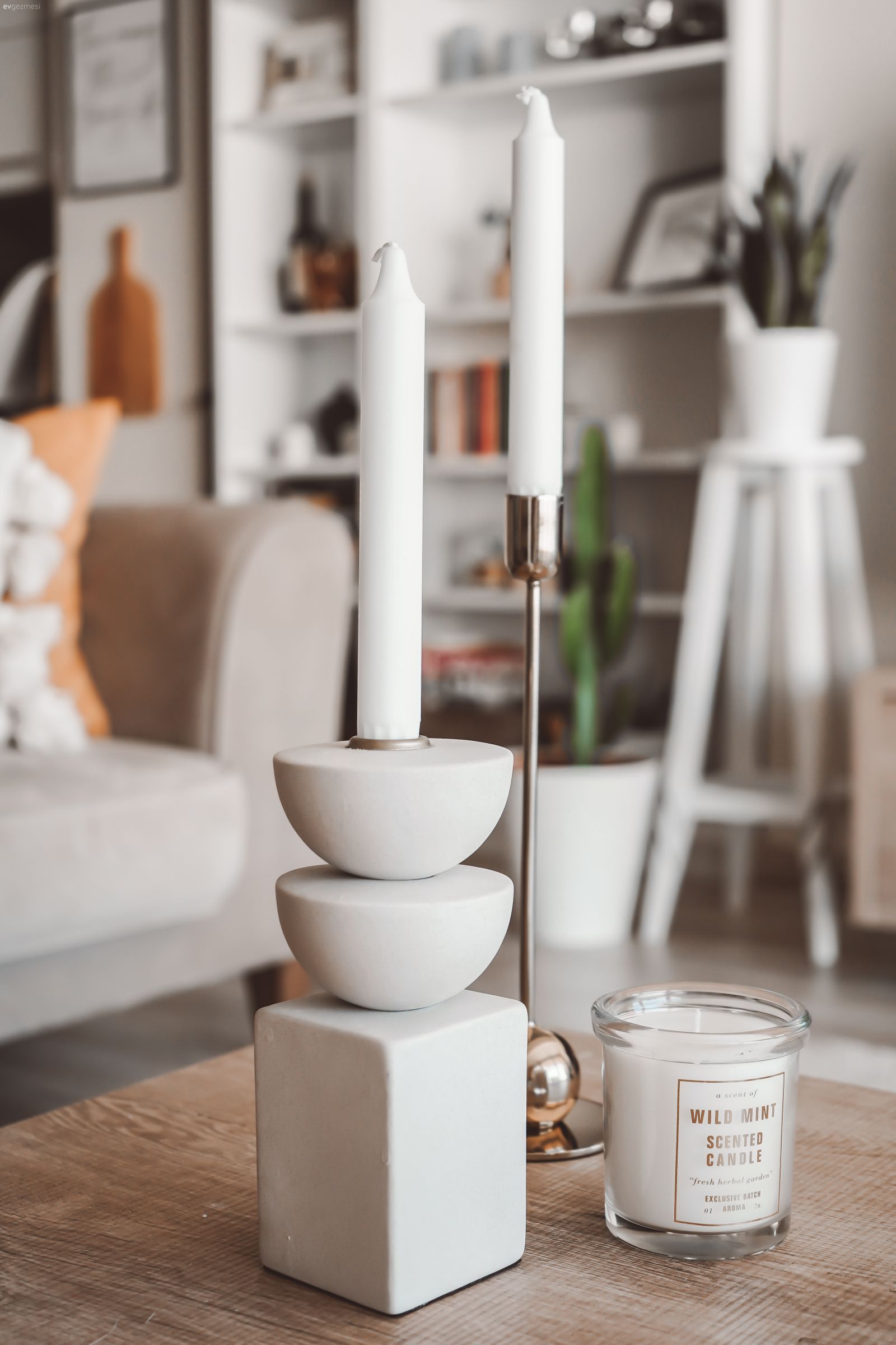 Salon, Bohem Dekorasyon, Beyaz, Hardal, Bej, Ev bitkisi, Koltuk takımı, Ahşap Mobilya, Kitaplık, Halı, Salon halısı, Kırlent, Ev tekstili, Geometrik desen, Desenler, Krem duvar, Sehpa üstü aksesuarı, Ev Aksesuar