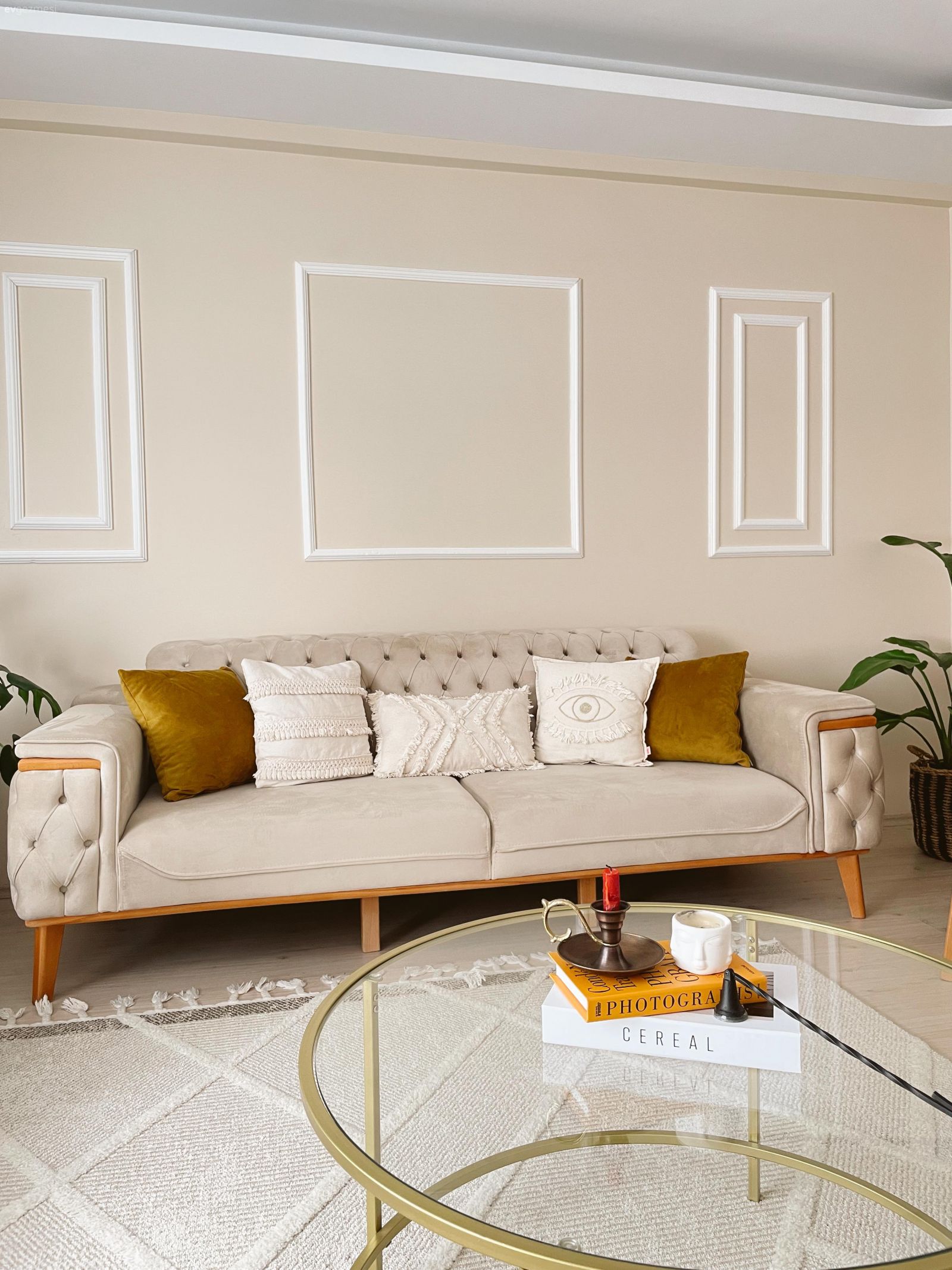 Krem duvar, Beyaz, Modern chesterfield, Hardal, Kırlent, Ev tekstili, Bej, Krem, Koltuk takımı, Ev bitkisi, Cam orta sehpa, Orta sehpa, Halı, Salon halısı