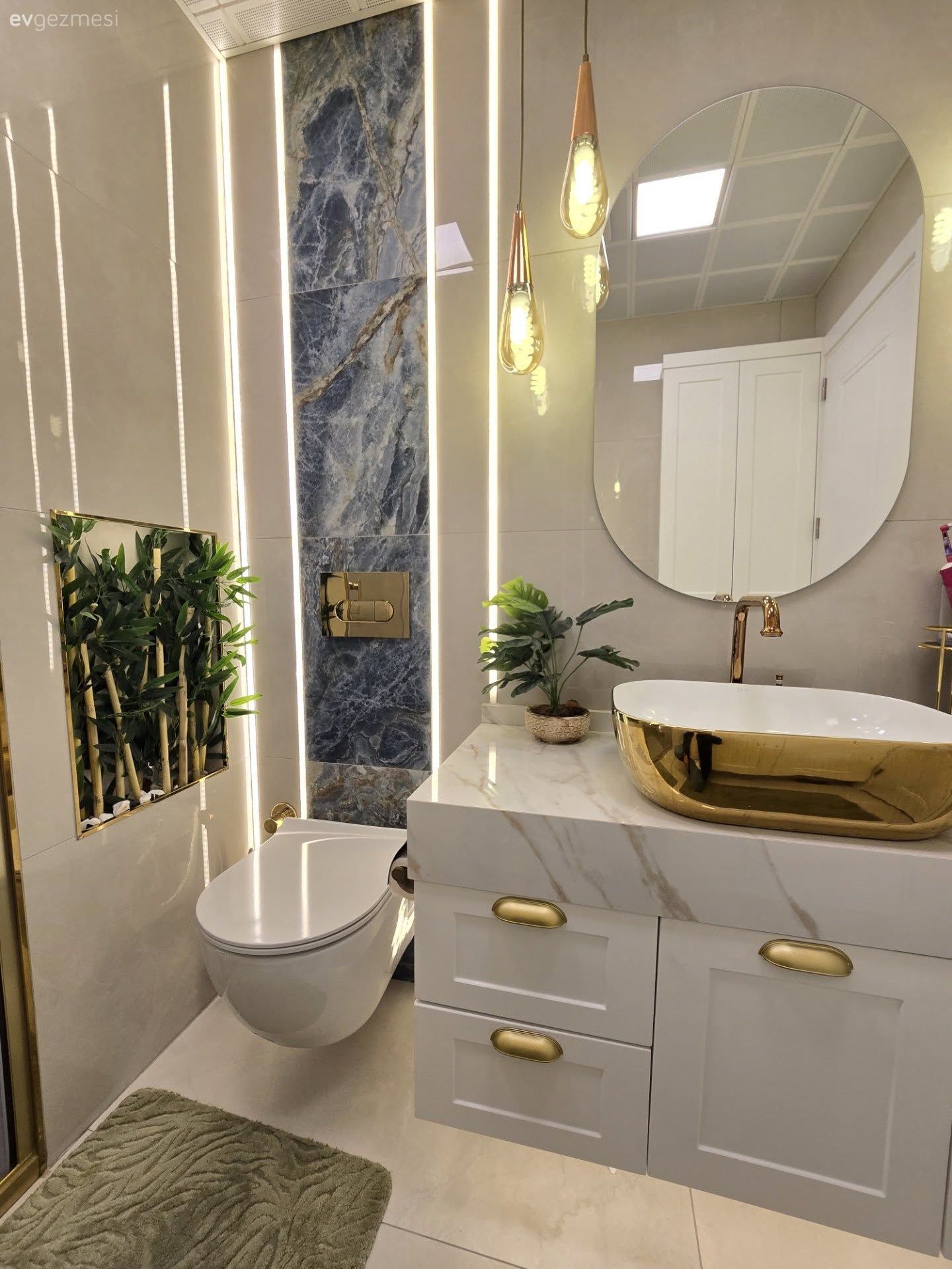 Banyo, Art deko, Beyaz, Altın, Mavi, Banyo seramikleri, Porselen tezgah, Banyo lavabosu, Banyo dolabı, Banyo aynası, Banyo aydınlatması, Led aydınlatma, Aydınlatma, Sarkıt