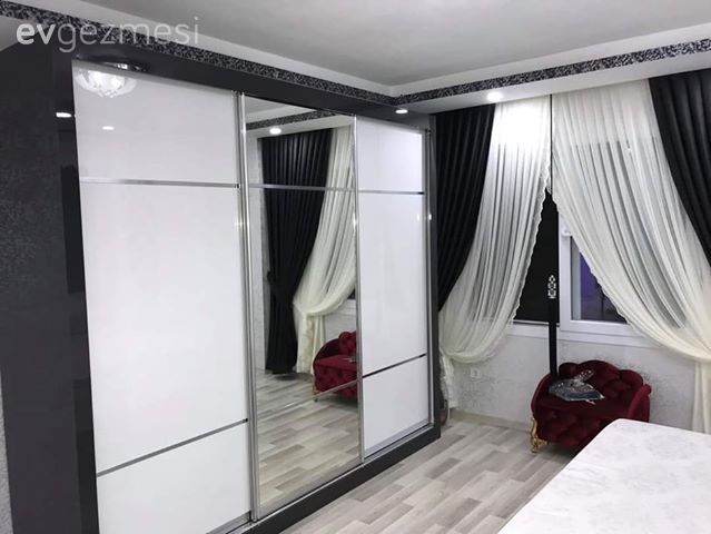 Yatak Odası, Gardrop, Siyah, Beyaz, Fon perde, Perde, Tül perde