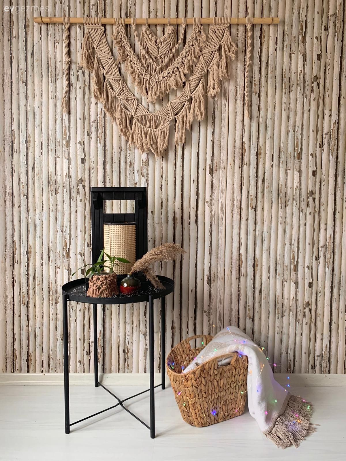 Makrome, Krem, Vizon, Duvar kağıdı, Duvar dekorasyonu, Sehpa, Hasır sepet