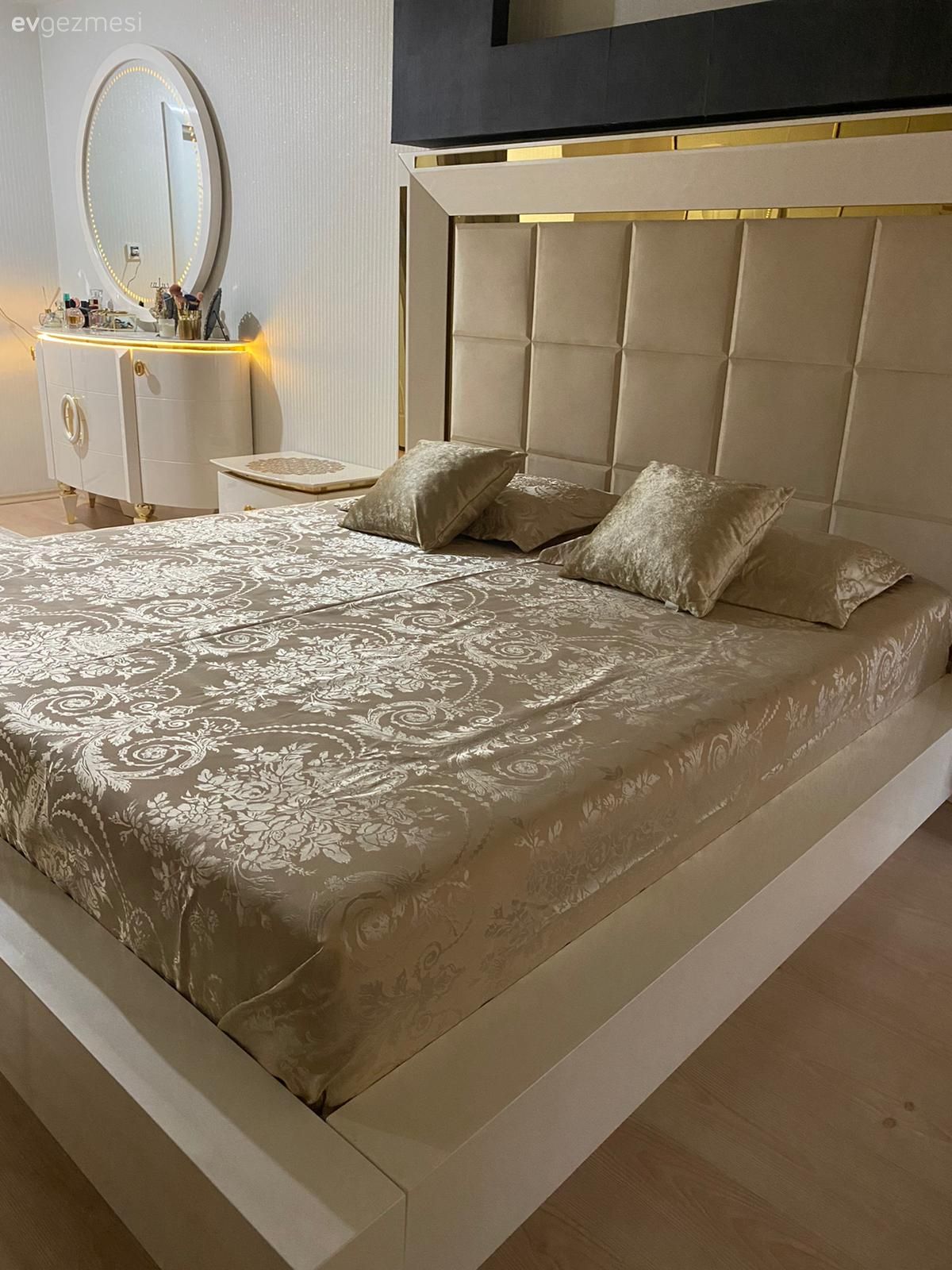 Yatak Odası, Yatak başlığı, Krem, Bej, Altın
