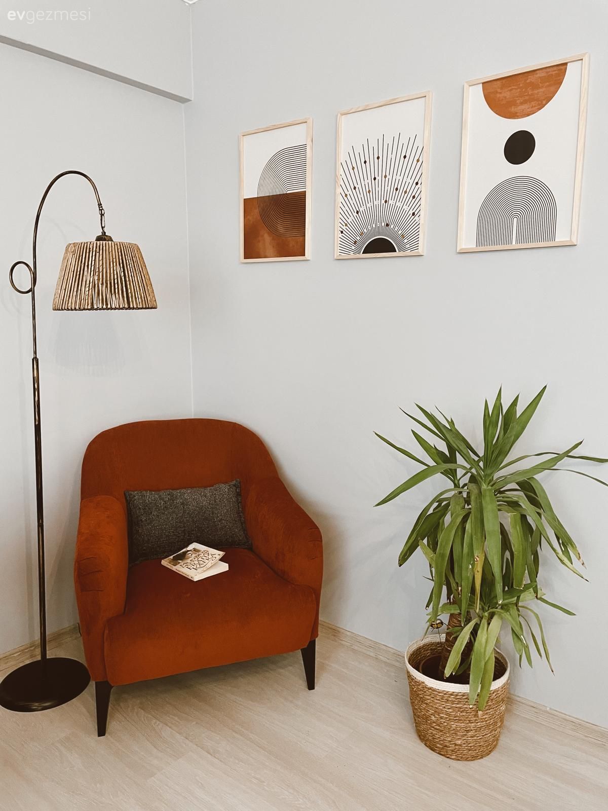 Berjer, Turuncu, Tablo, Duvar dekorasyonu, Saksı, Ev bitkisi, Lambader, Aydınlatma, Kırlent, Ev tekstili
