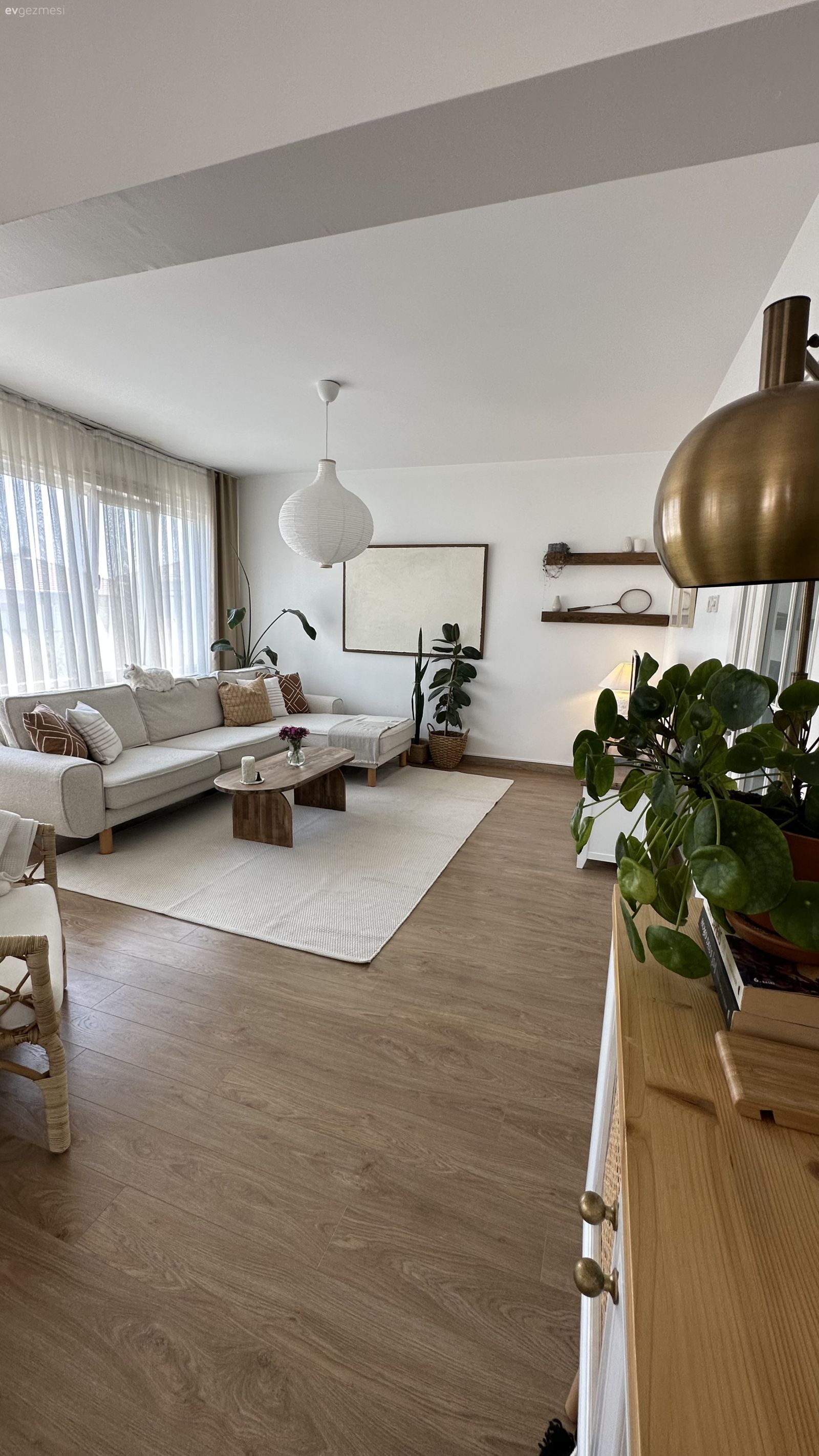 Salon, Modern, İskandinav, Beyaz, Krem, Bej, Ahşap Mobilya, Köşe koltuk, Koltuk takımı, Tül perde, Perde, Kırlent, Ev tekstili, Halı, Salon halısı, Orta sehpa, Sehpa, Tablo, Duvar dekorasyonu, Parke, Ev bitkisi, Saksı, Avize, Aydınlatma, Salon avizesi, Beyaz halı, Konsol, Konsol üzeri dekoratif objeleri