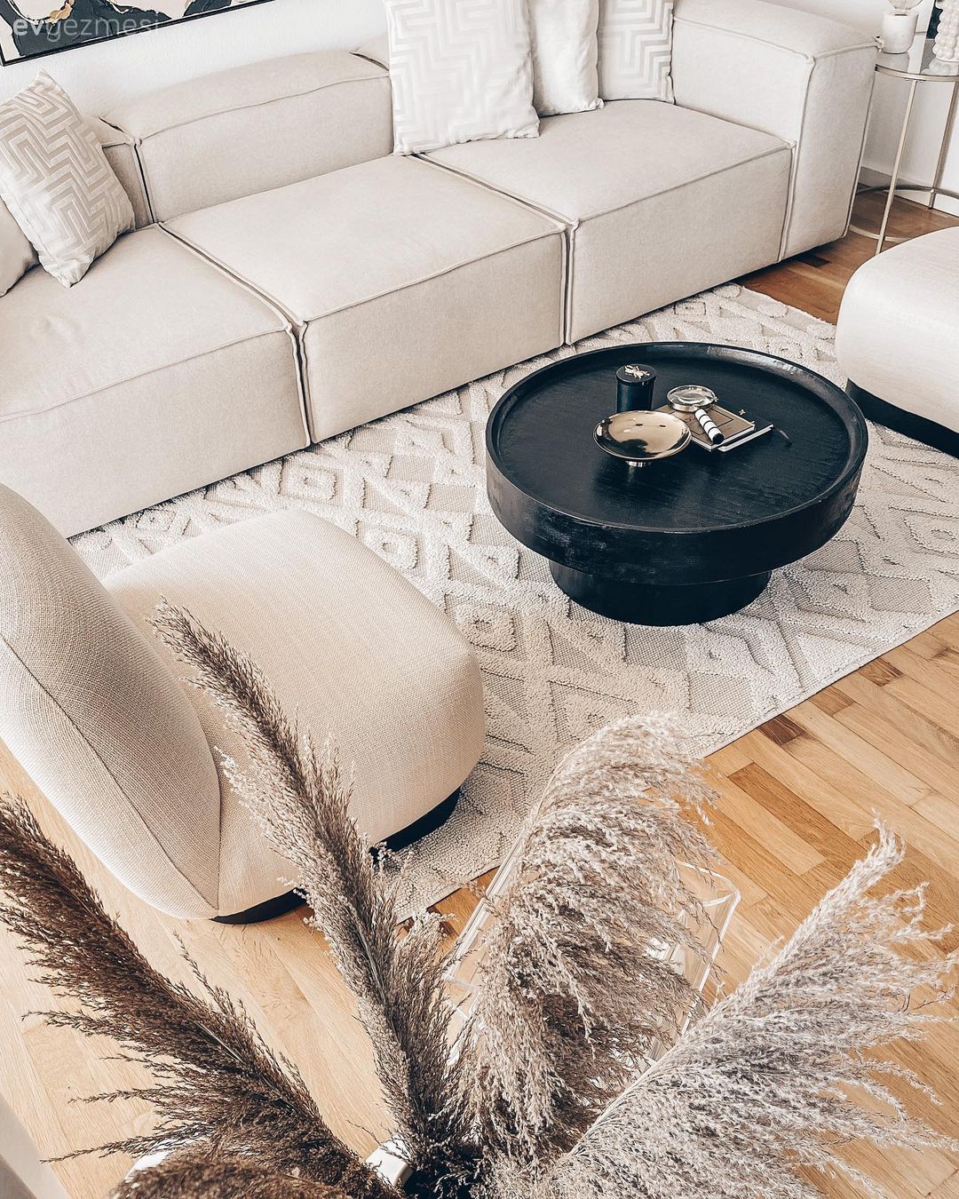 Salon, Modern, Bej, Beyaz, Krem, Koltuk takımı, Berjer, Parke, Halı, Orta sehpa, Sehpa, Ayna, Dekoratif Objeler, Tablo, Duvar dekorasyonu, Şömine, Antrasit  , Siyah, Kırlent, Ev tekstili, Pampas otu