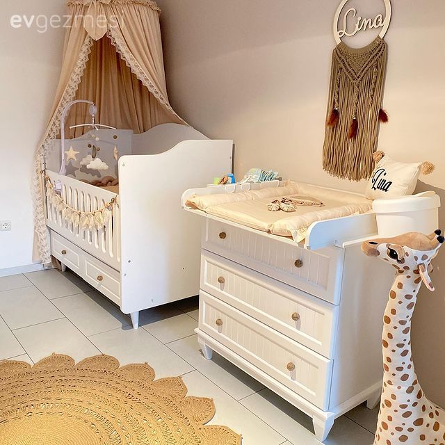 Çocuk Odası, Beşik, Bebek odası, Şifonyer, Yatak Odası, Jüt halı, Halı, Beyaz, Cibinlik