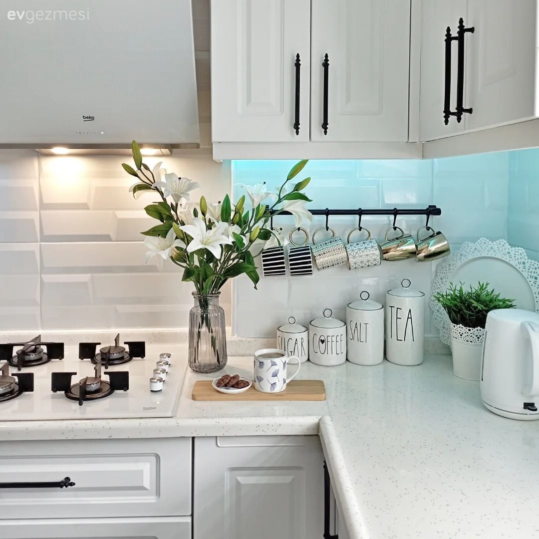 Shaker kapaklı dolaplar, Mutfak, Beyaz, Mutfak tezgahı, Mutfak tezgah arası, Ankastre, Elektrikli Ocak, Cam Ankastre