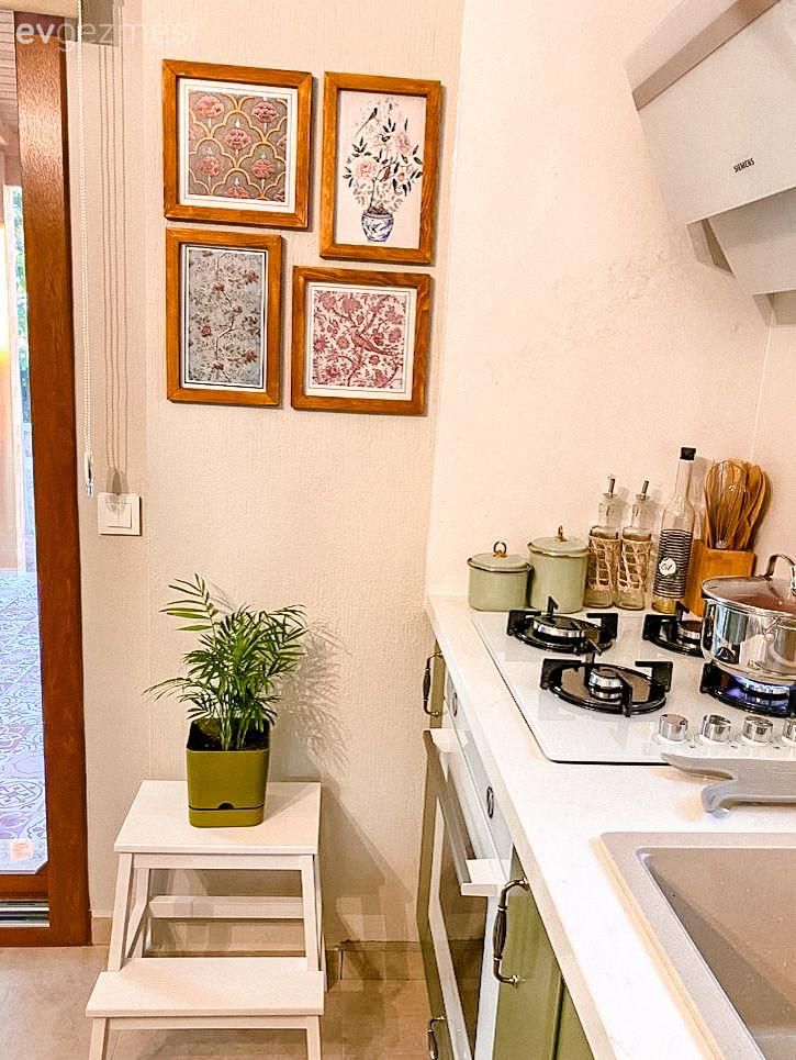 Mutfak, Yeşil, Beyaz, Çerçeve, Mutfak duvar dekorasyonu, Çiçeklik, Davlumbaz