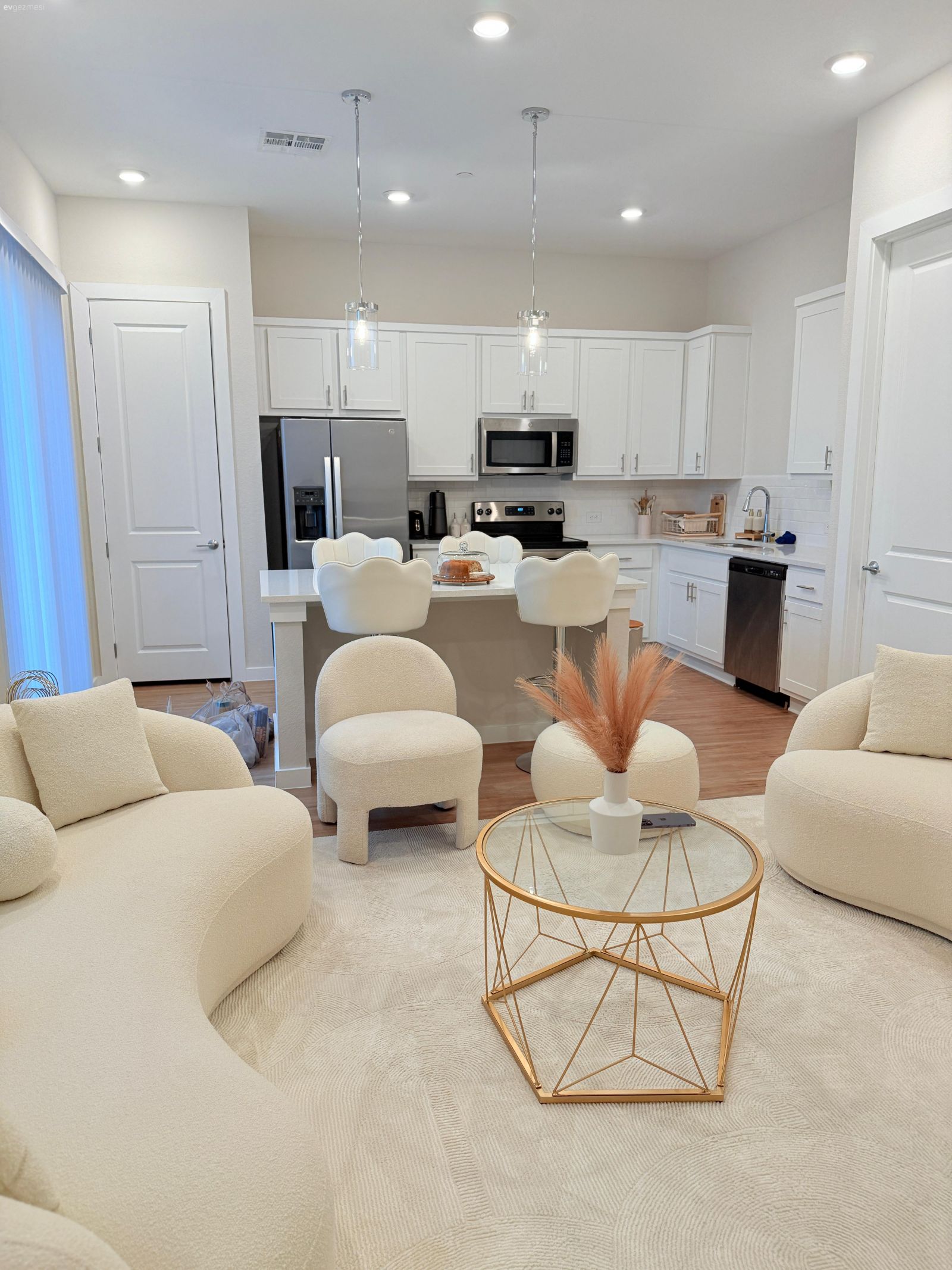 Salon, Açık konsept yaşam alanı, Beyaz, Krem, Bej, Koltuk takımı, Berjer, Orta sehpa, Sehpa, Cam orta sehpa, Amerikan Mutfak, Mutfak, Spot aydınlatma, Aydınlatma