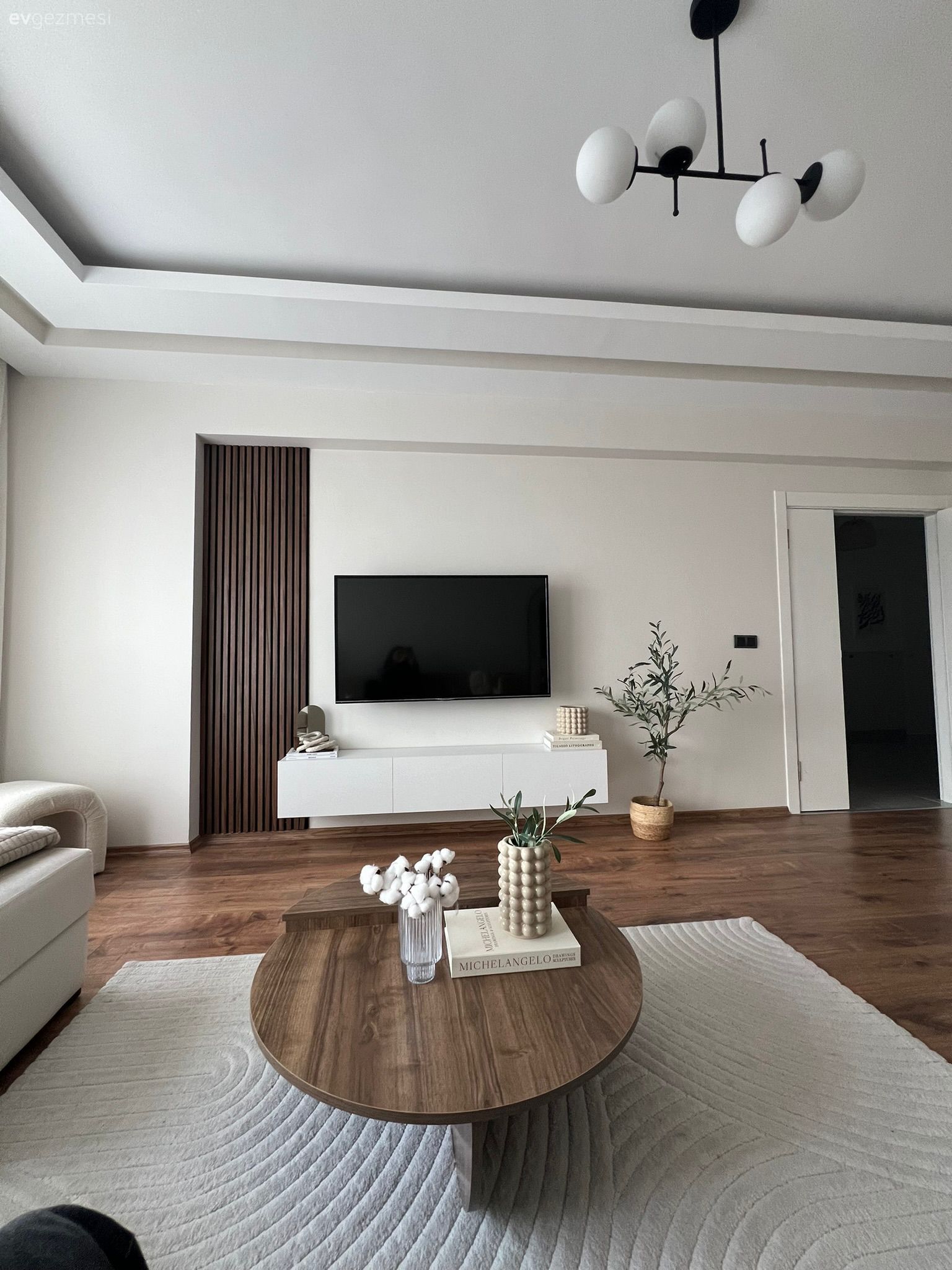 Salon, İskandinav, Beyaz, Ahşap Mobilya, Orta sehpa, Sehpa, Köşe koltuk, Koltuk takımı, Halı, Salon halısı, Tv ünitesi, Tv ünitesi aksesuarları, Ev Aksesuar, Parke, Avize, Aydınlatma, Ev bitkisi