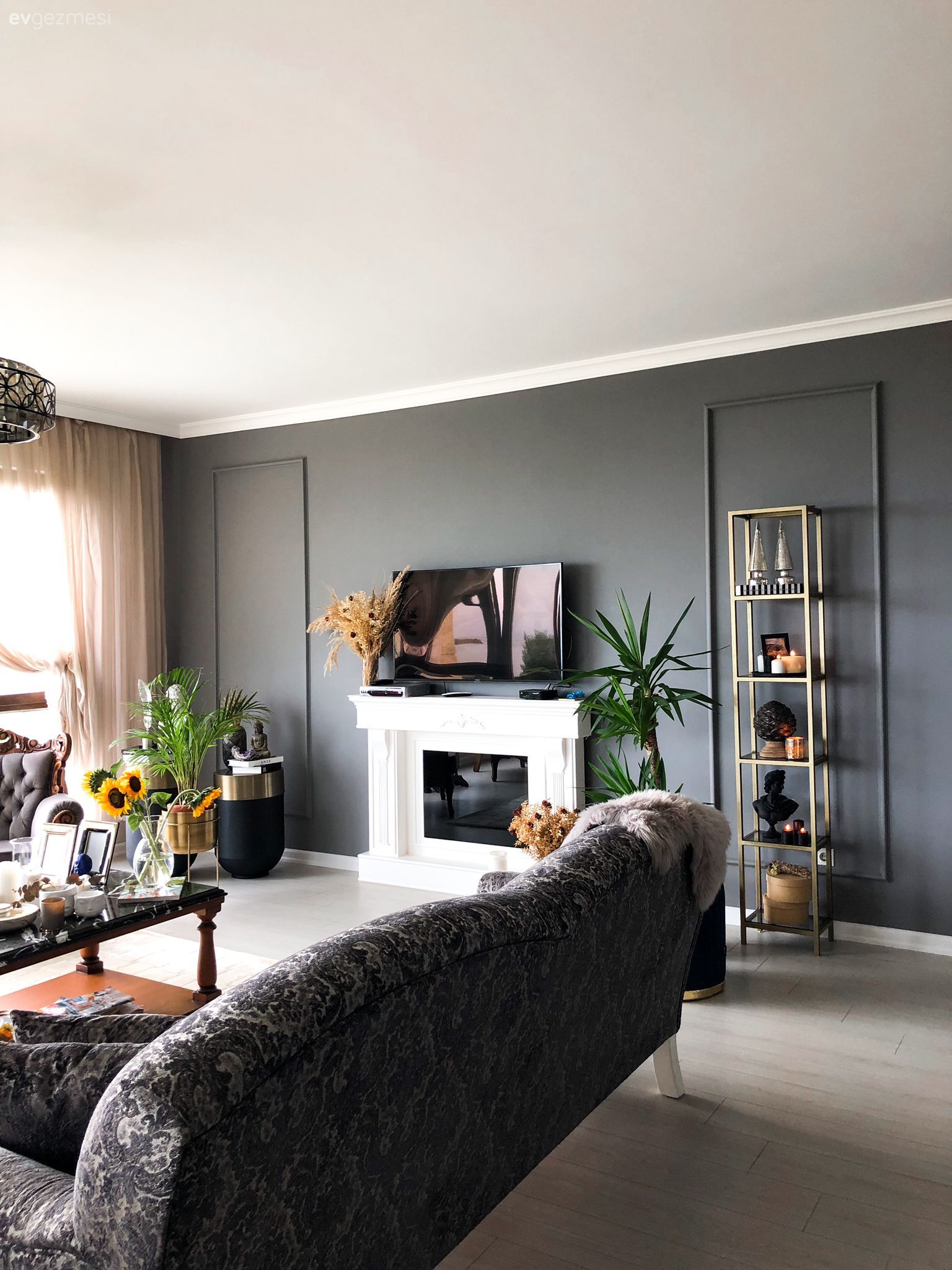 Salon, Modern, Siyah, Beyaz, Bej, Gri, Antrasit  , Krem, Gri duvar, Antrasit duvar, Koltuk takımı, Kahverengi, Tül perde, Perde, Orta sehpa, Sehpa, Duvar ayna kaplama, Ayna, Avize, Aydınlatma, Salon avizesi, Yemek masası, Sandalye, Duvar çıtalama, Ev bitkisi