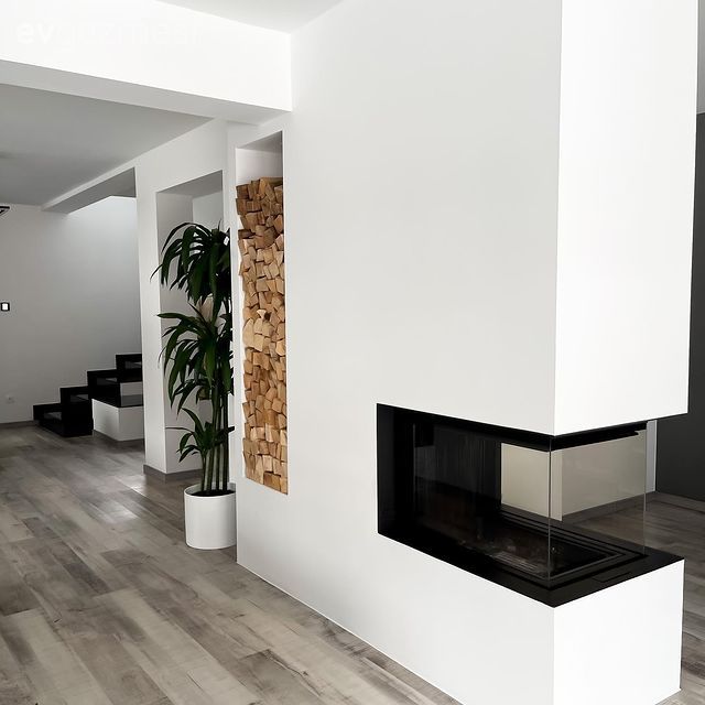 Açık konsept yaşam alanı, Beyaz, Siyah, Şömine, Ev bitkisi, Modern, Parke