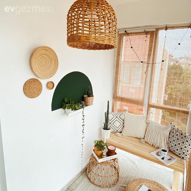 Balkon, Bohem Dekorasyon, Beyaz, Hasır avize, Balkon duvar dekorasyonu, Sedir