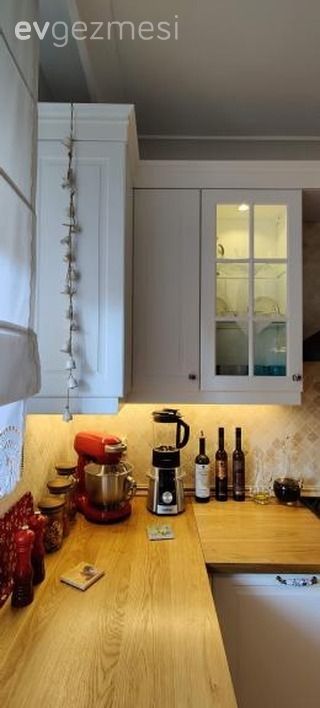 Ahşap mutfak tezgahı, Mutfak tezgahı, Beyaz, Mutfak aksesuarları, Mutfak, Shaker kapaklı dolaplar, Mutfak perdesi