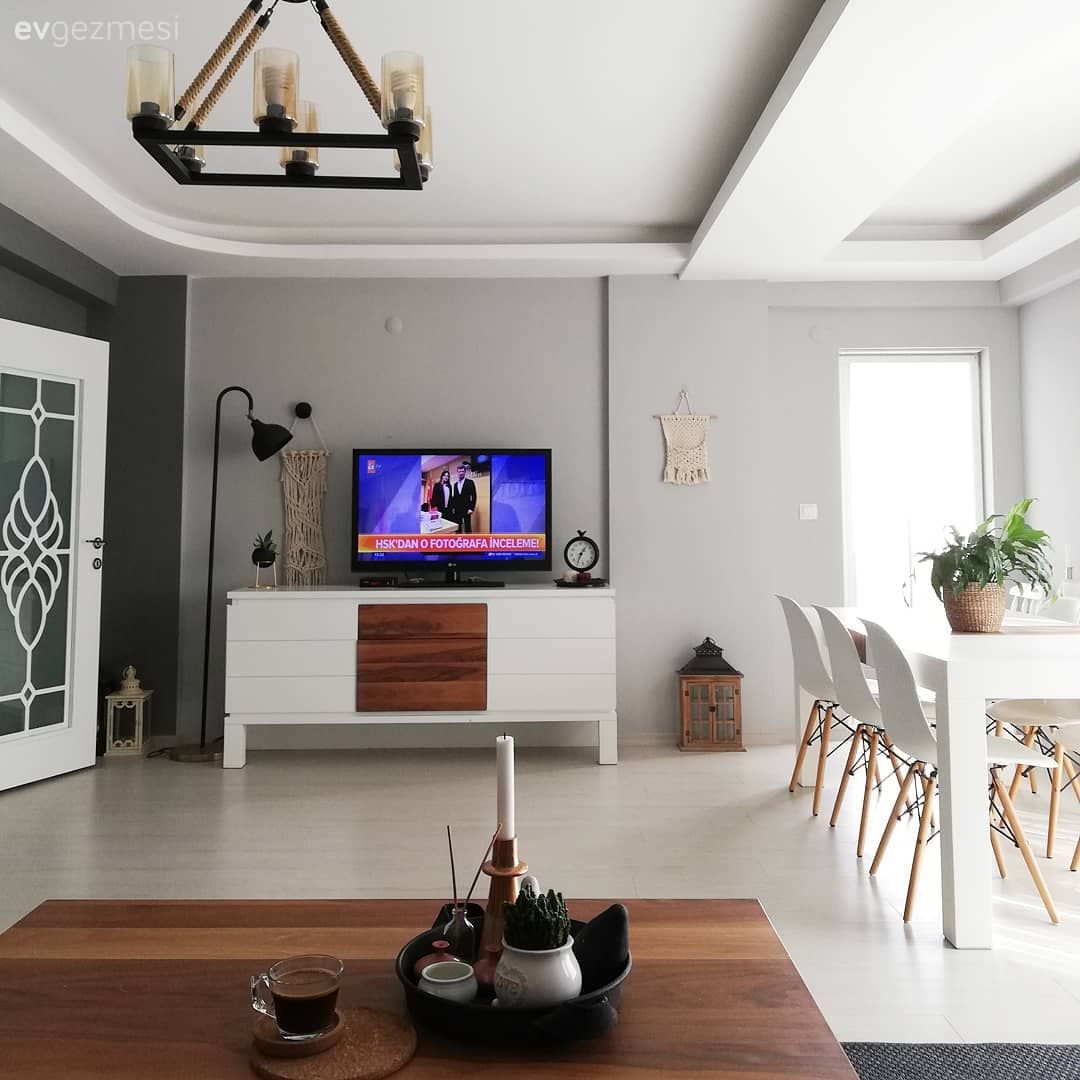 Salon, Modern rustik, Beyaz, Gri, Kahverengi, Orta sehpa, Sehpa, Yemek masası, Sandalye, Tv ünitesi, Rustik Aydınlatma