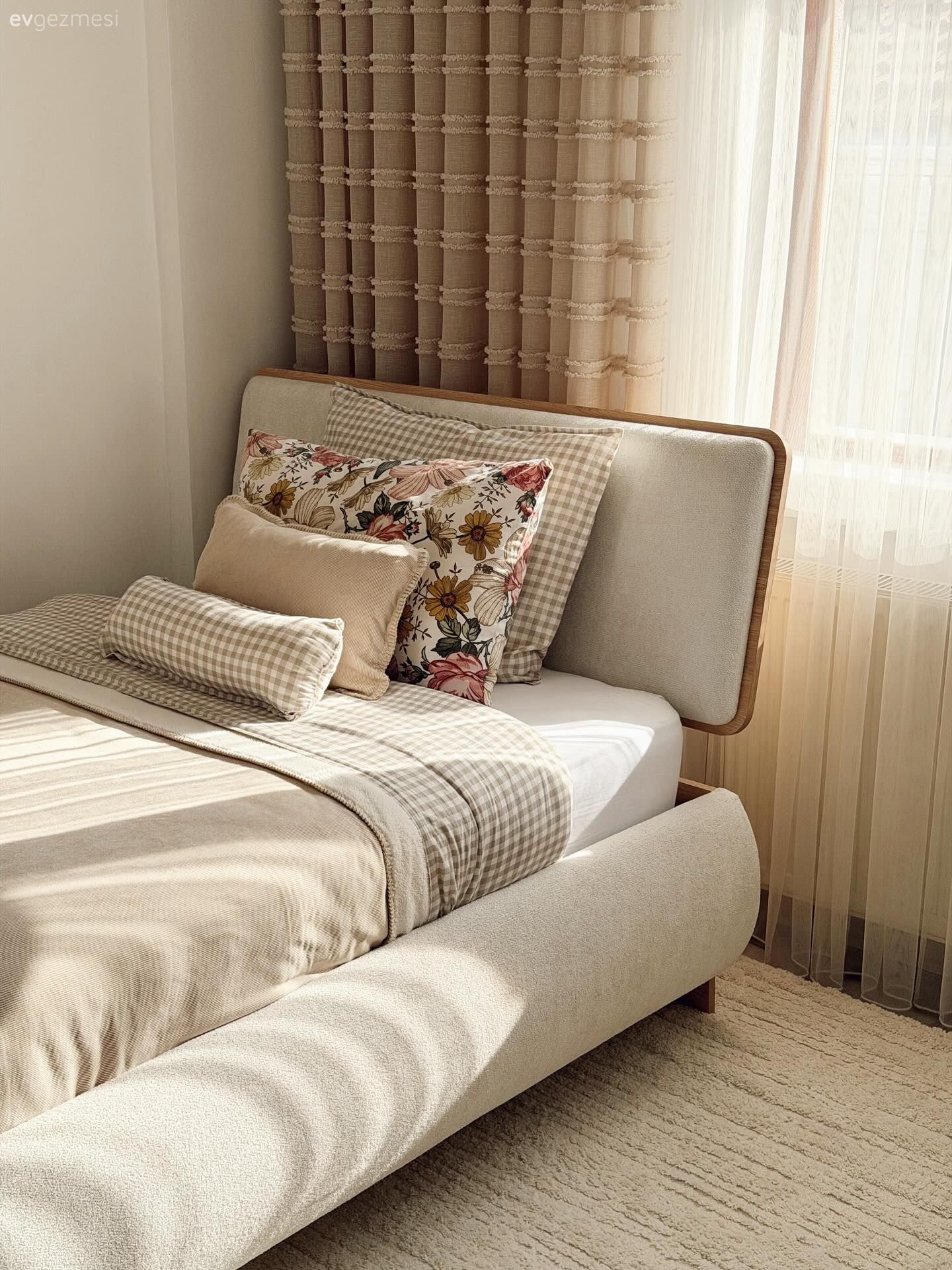 Yatak Odası, Krem, Bej, Beyaz, Yatak başlığı, Tül perde, Perde