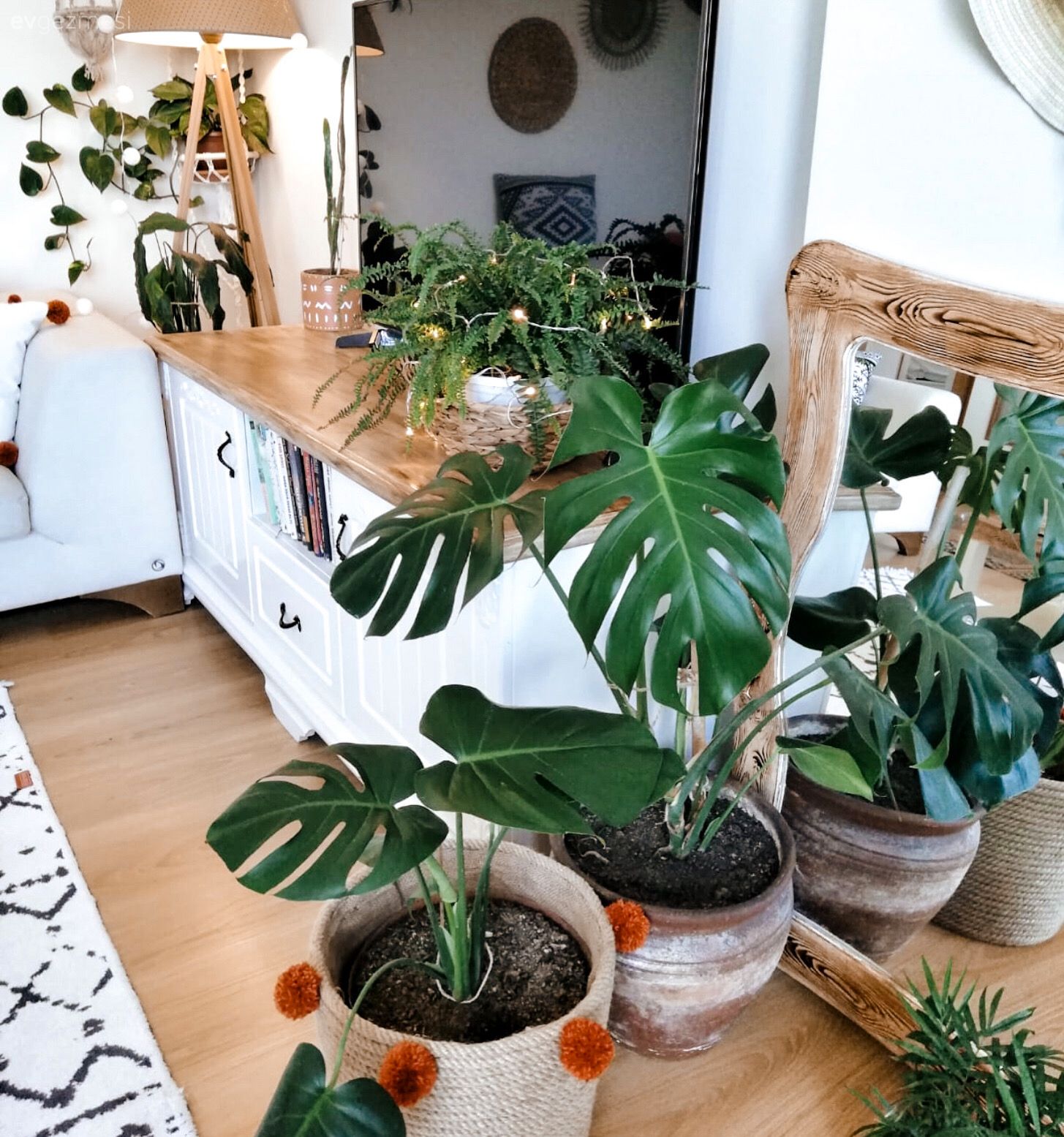 Tv ünitesi, Abajur, Aydınlatma, Beyaz, Kahverengi, Ahşap Mobilya, Ev bitkisi, Saksı, Bohem Dekorasyon