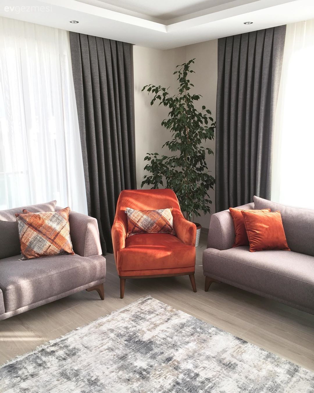 Salon, Turuncu, Gri, Kırlent, Ev tekstili, Koltuk takımı, Berjer, Ev bitkisi, Tül perde, Perde, Fon perde, Halı, Salon halısı