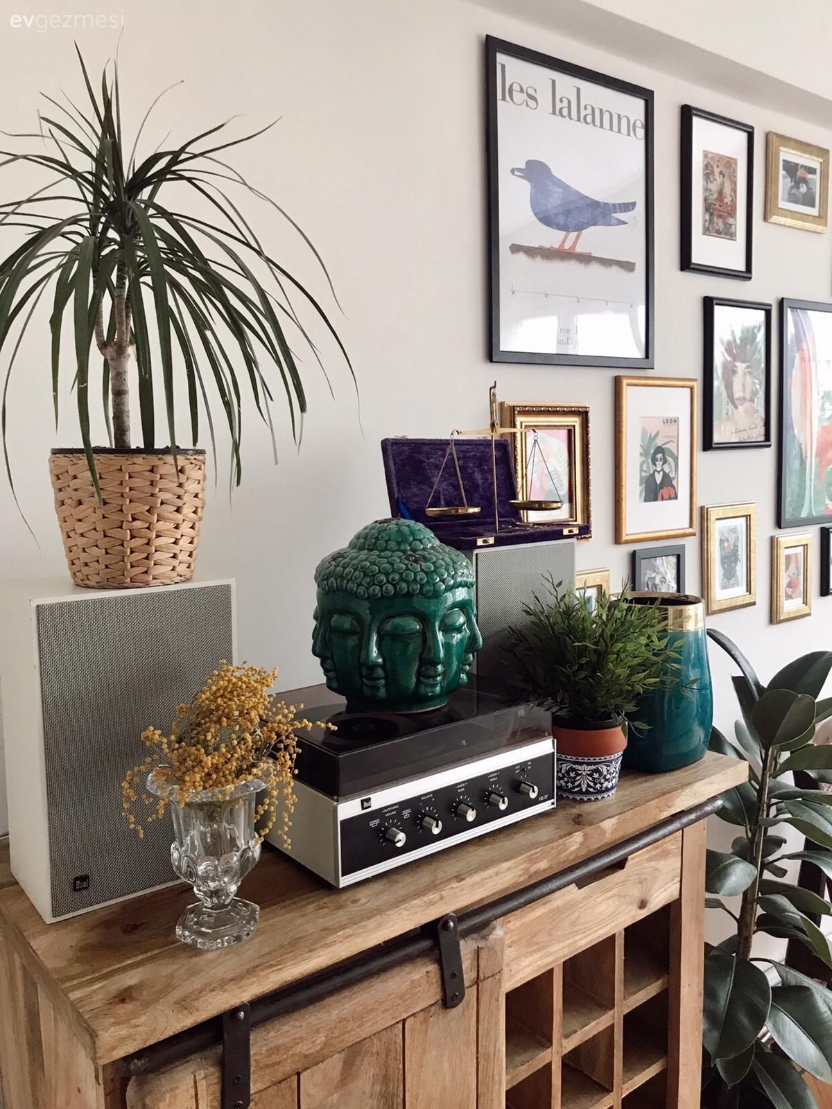 Masif ahşap, Dolap, Dekoratif Objeler, Çerçeve, Tablo, Duvar dekorasyonu, Galeri duvarı, Kahverengi, Yeşil, Kırmızı, Jüt halı, Halı, Parke, Sandalye, Hasır, Ev bitkisi, Saksı, Vazo, Ev Aksesuar, Çiçekler