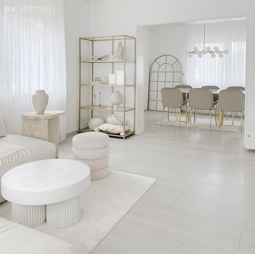 Salon, Modern, Beyaz, Gri, Bej, Altın, Dolap, Köşe koltuk, Koltuk takımı, Puf, Yan sehpa, Sehpa, Orta sehpa, Halı, Salon halısı, Boy aynası, Ayna, Tül perde, Perde, Avize, Aydınlatma, Sandalye, Yemek masası