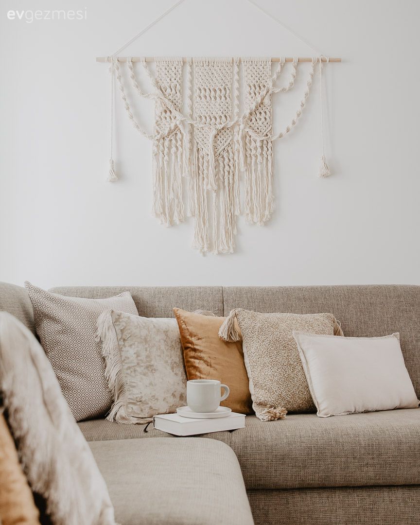 Salon, Bohem Dekorasyon, Beyaz, Krem, Vizon, Kırlent, Ev tekstili, Makrome, Köşe koltuk, Koltuk takımı