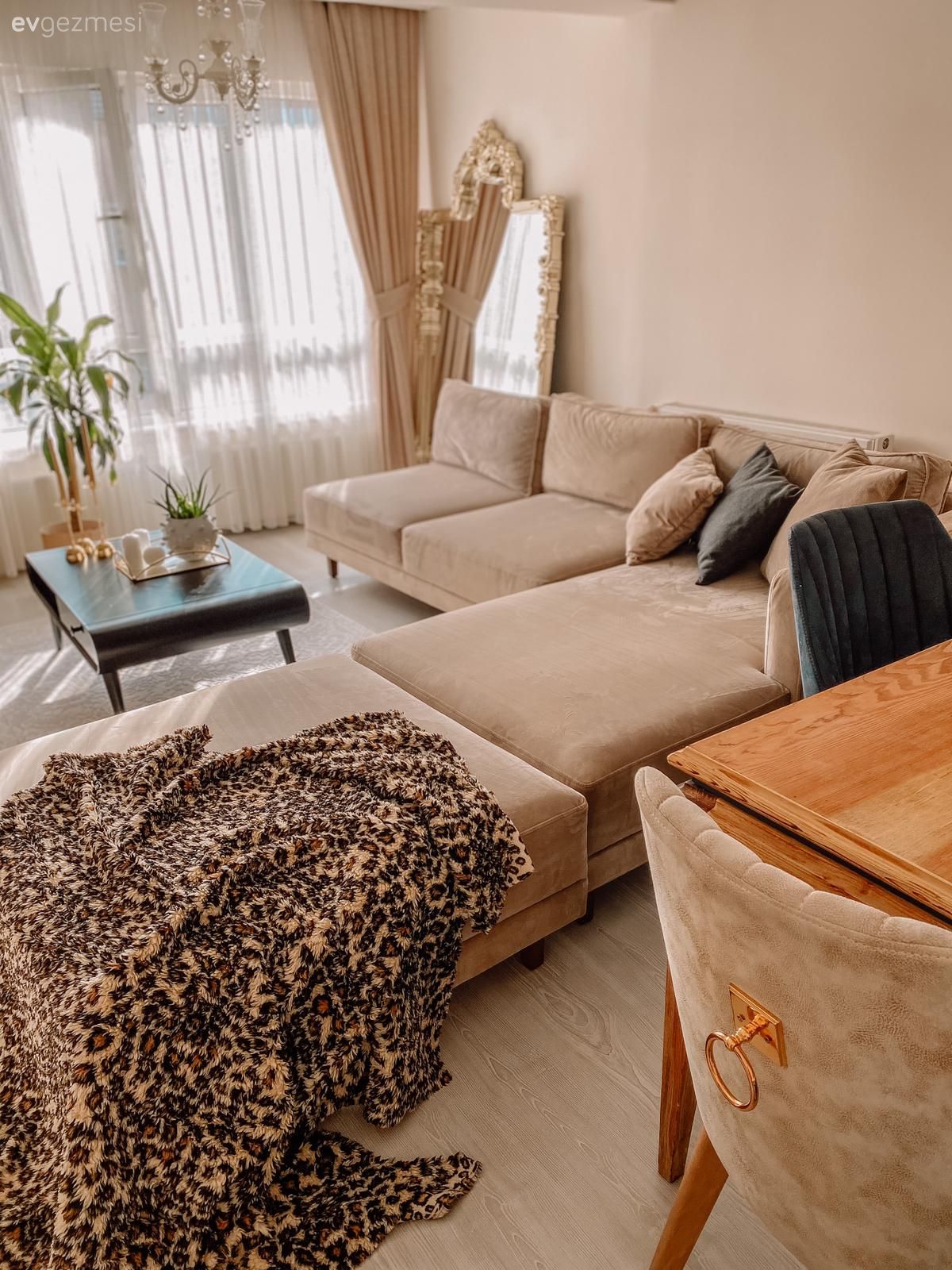 Salon, Rustik, Krem, Siyah, Kahverengi, Altın, Köşe koltuk, Koltuk takımı, Desenler, Orta sehpa, Sehpa, Halı, Salon halısı, Kırlent, Ev tekstili, Ev bitkisi, Boy aynası, Ayna