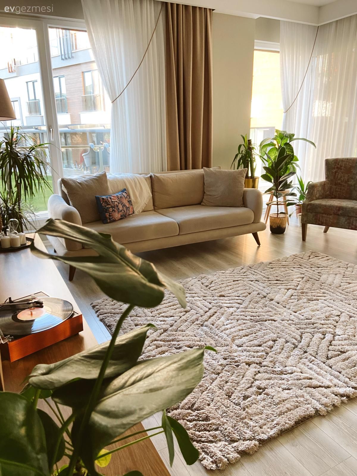 Salon, Bohem Dekorasyon, Modern, Krem, Bej, Koltuk takımı, Ahşap Mobilya, Ev bitkisi, Halı, Salon halısı, Kırlent, Ev tekstili, Fon perde, Perde, Berjer, Saksı