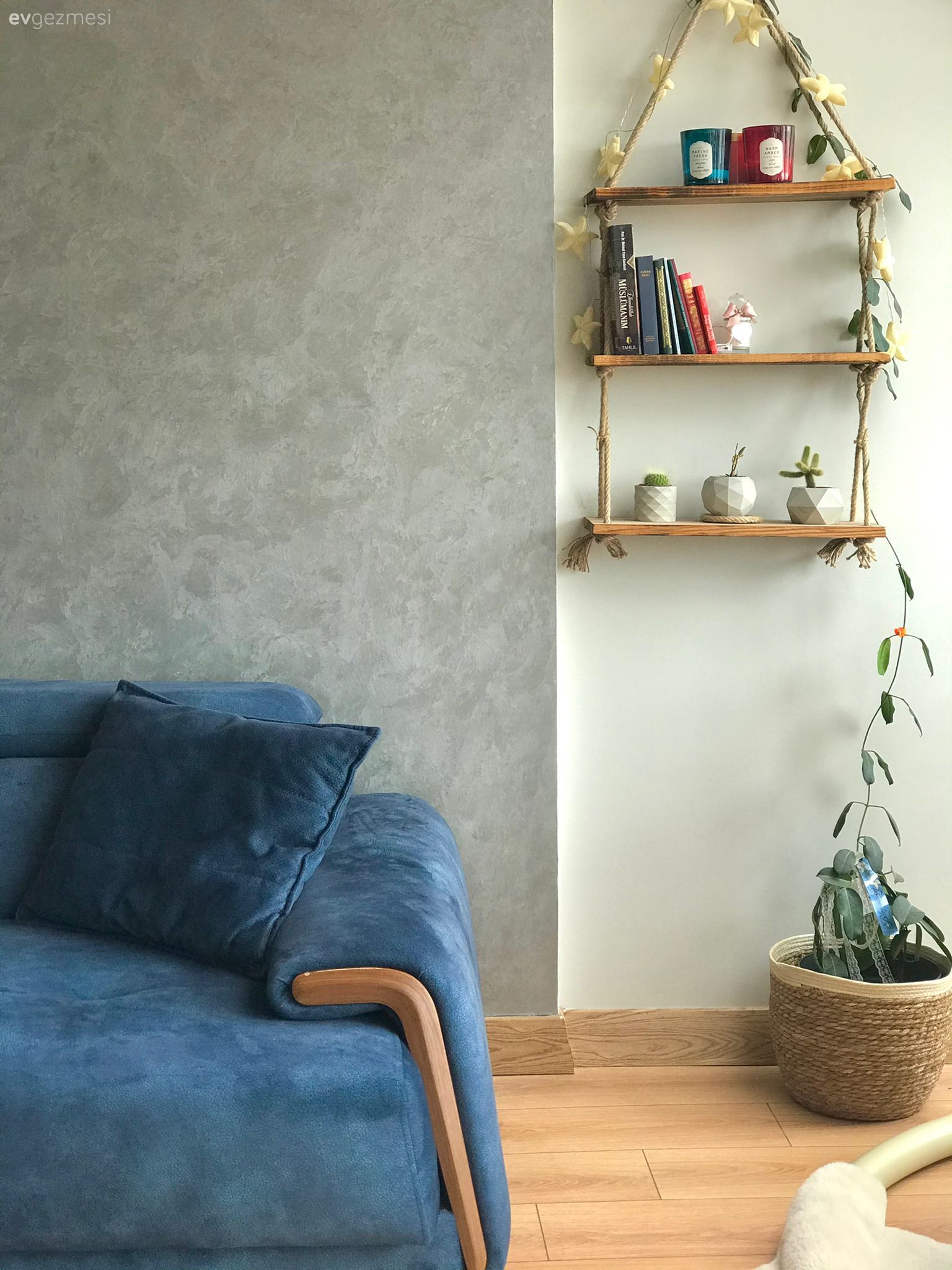 Rustik, Bohem Dekorasyon, Mavi, Gri duvar, Parke, Ev bitkisi, Duvar rafı, Duvar dekorasyonu, Köşe koltuk, Koltuk takımı