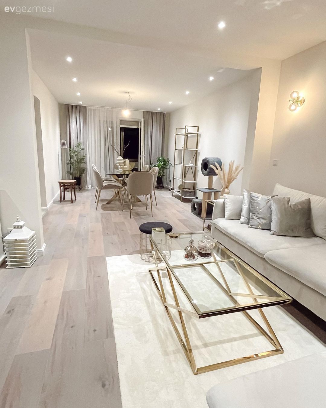 Salon, Modern, Krem, Beyaz, Altın, Koltuk takımı, Köşe koltuk, Orta sehpa, Sehpa, Halı, Salon halısı, Spot aydınlatma, Aydınlatma, Parke, Sandalye, Yemek masası, Fon perde, Perde, Tül perde, Ev bitkisi, Saksı, Puf, Kırlent, Ev tekstili, Dekoratif Objeler, Aplik