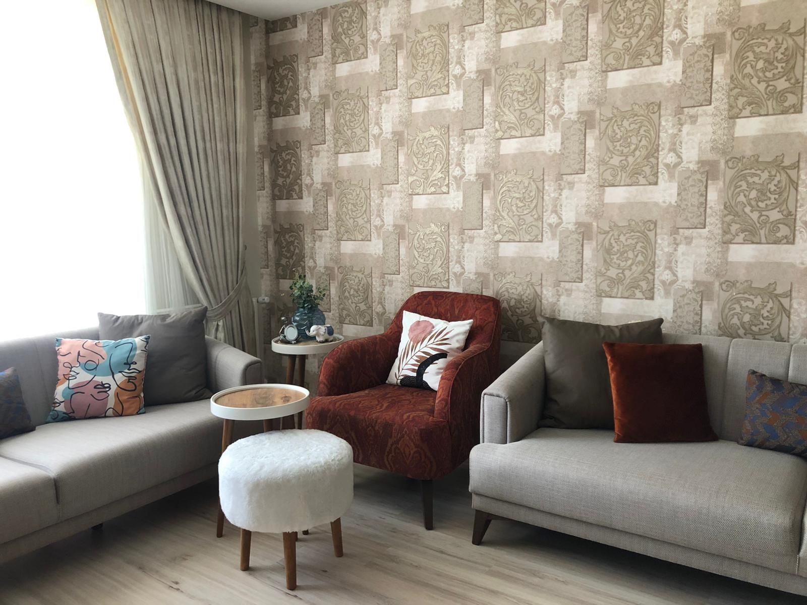 Salon, Rustik, Gri, Vizon, Yanık turuncu, Bej, Beyaz, Koltuk takımı, Fon perde, Perde, Tül perde, Puf, Kırlent, Ev tekstili, Duvar kağıdı, Duvar dekorasyonu