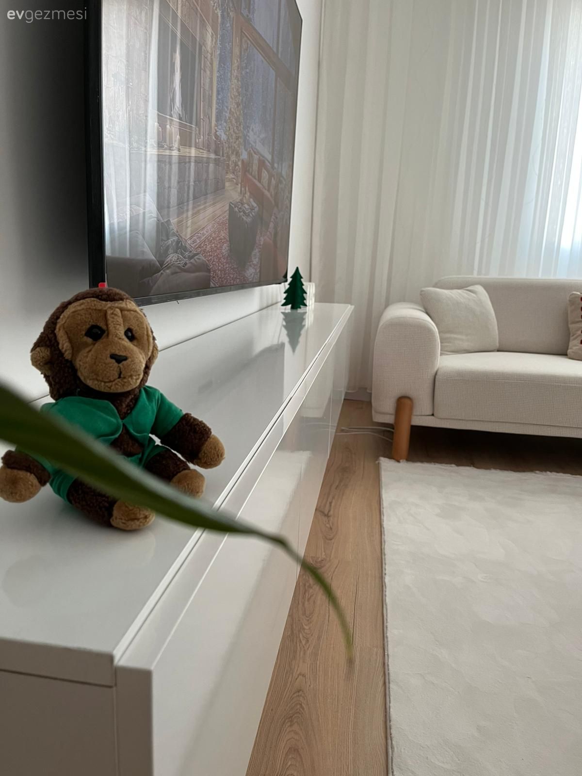 Beyaz, Tül perde, Perde, Koltuk takımı, Beyaz koltuk, Tv ünitesi, Tv ünitesi aksesuarları, Ev Aksesuar, Beyaz halı, Dekoratif Objeler