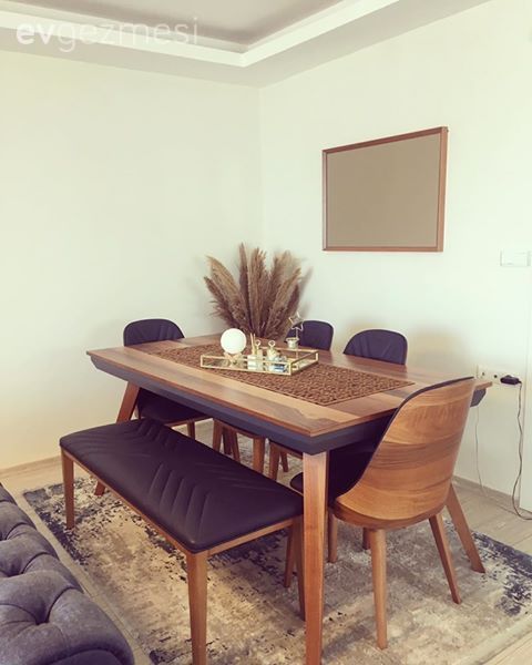 Yemek Odası, Modern, Ahşap Mobilya, Bank, Sandalye, Halı, Vazo, Ev Aksesuar, Ayna, Yemek masası