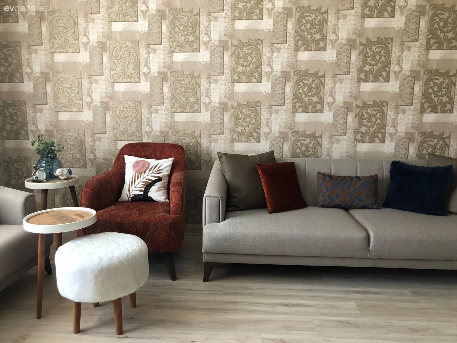 Salon, Rustik, Gri, Vizon, Yanık turuncu, Bej, Beyaz, Koltuk takımı, Fon perde, Perde, Tül perde, Puf, Kırlent, Ev tekstili, Duvar kağıdı, Duvar dekorasyonu, Berjer