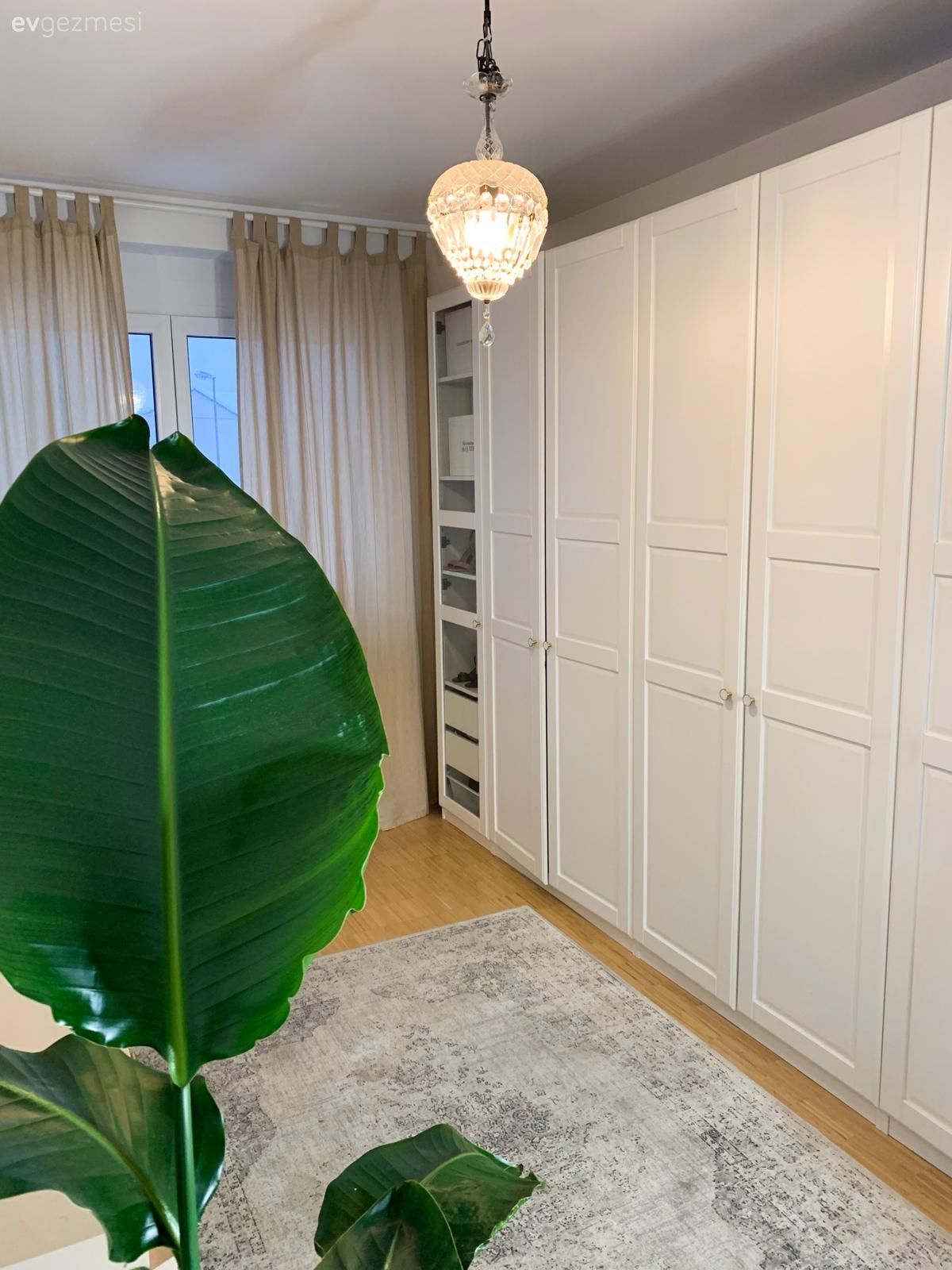 Giyinme odası, Krem, Beyaz, Fon perde, Perde, Bej, Ev bitkisi, Gardrop, Yatak Odası, Halı, Avize, Aydınlatma