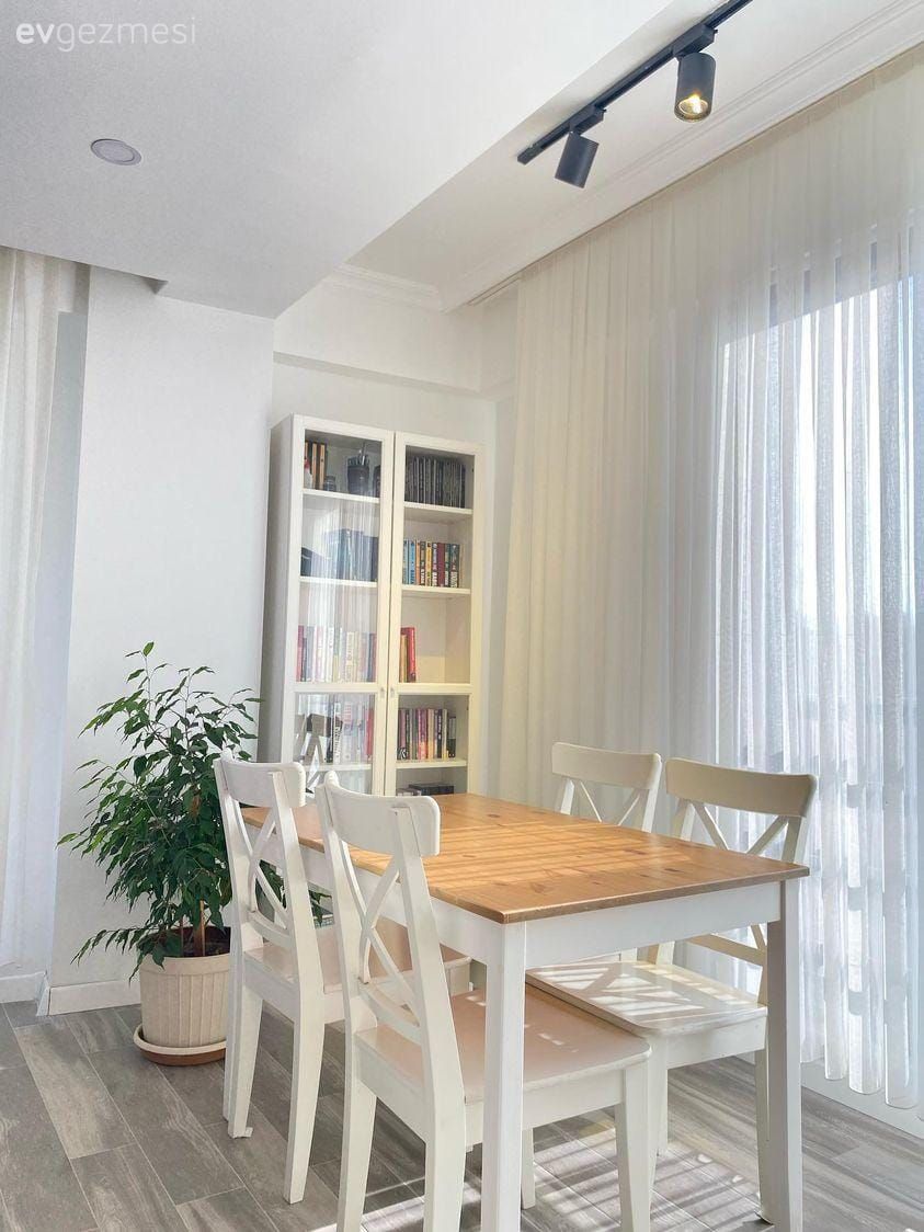 Yemek masası, Beyaz, İskandinav, Sandalye, Kitaplık, Saksı, Ev bitkisi, Tül perde, Perde, Spot aydınlatma, Aydınlatma