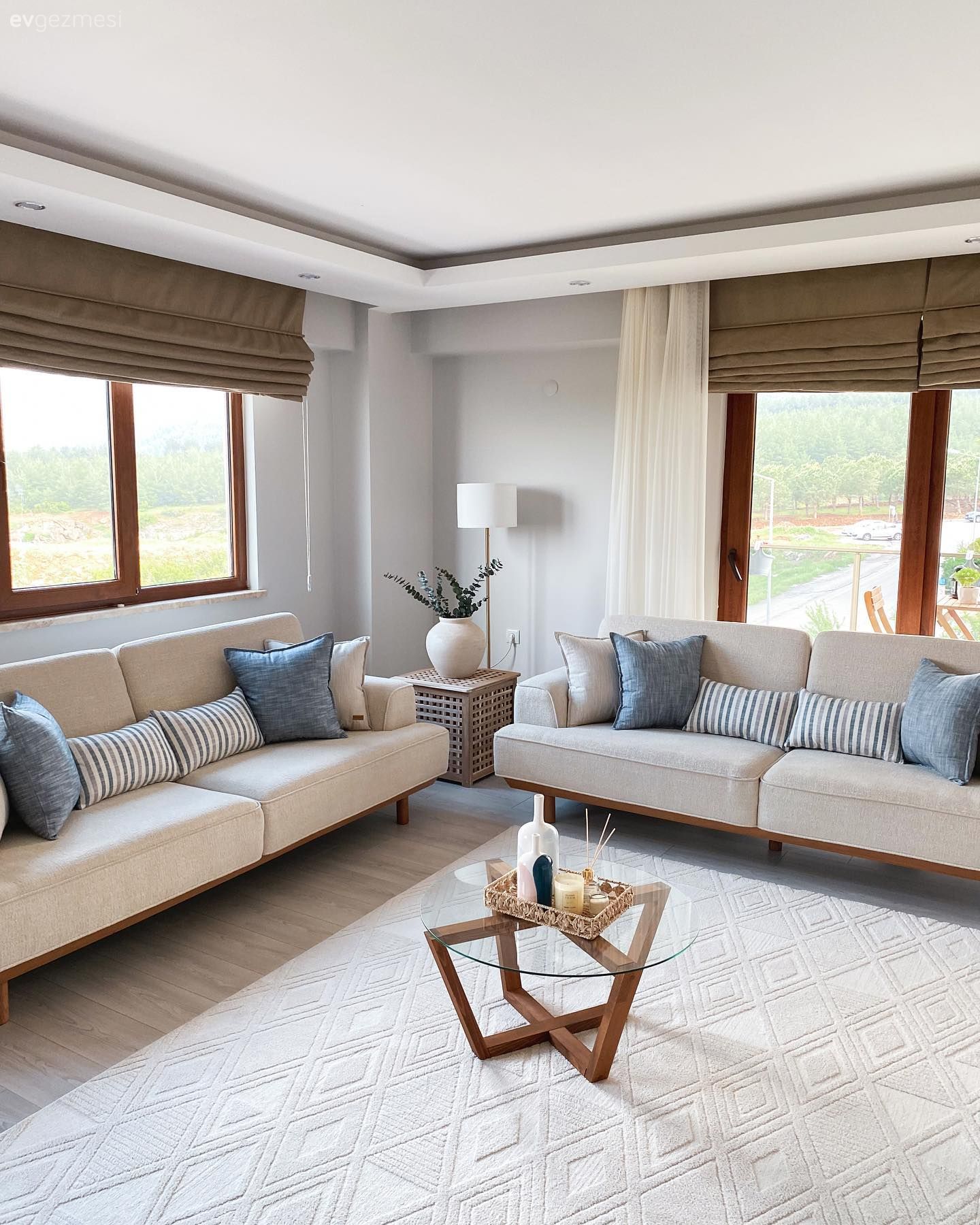 Salon, Modern, Bej, Mavi, Kahverengi, Ahşap Mobilya, Koltuk takımı, Halı, Salon halısı, Yan sehpa, Sehpa, Orta sehpa, Kırlent, Ev tekstili, Cam orta sehpa