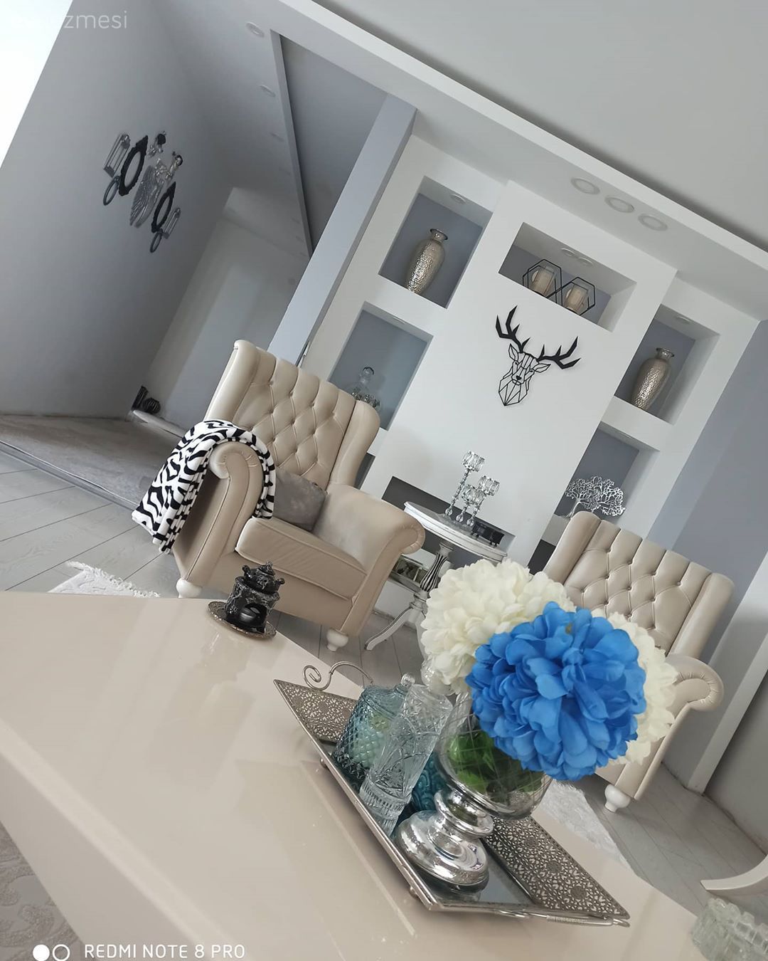 Salon, Beyaz, Krem, Mavi, Berjer, Kapitoneli koltuk, Koltuk takımı, Çiçekler, Sehpa üstü aksesuarı, Ev Aksesuar, Orta sehpa, Sehpa, Duvar Nişleri, Metal duvar aksesuarı