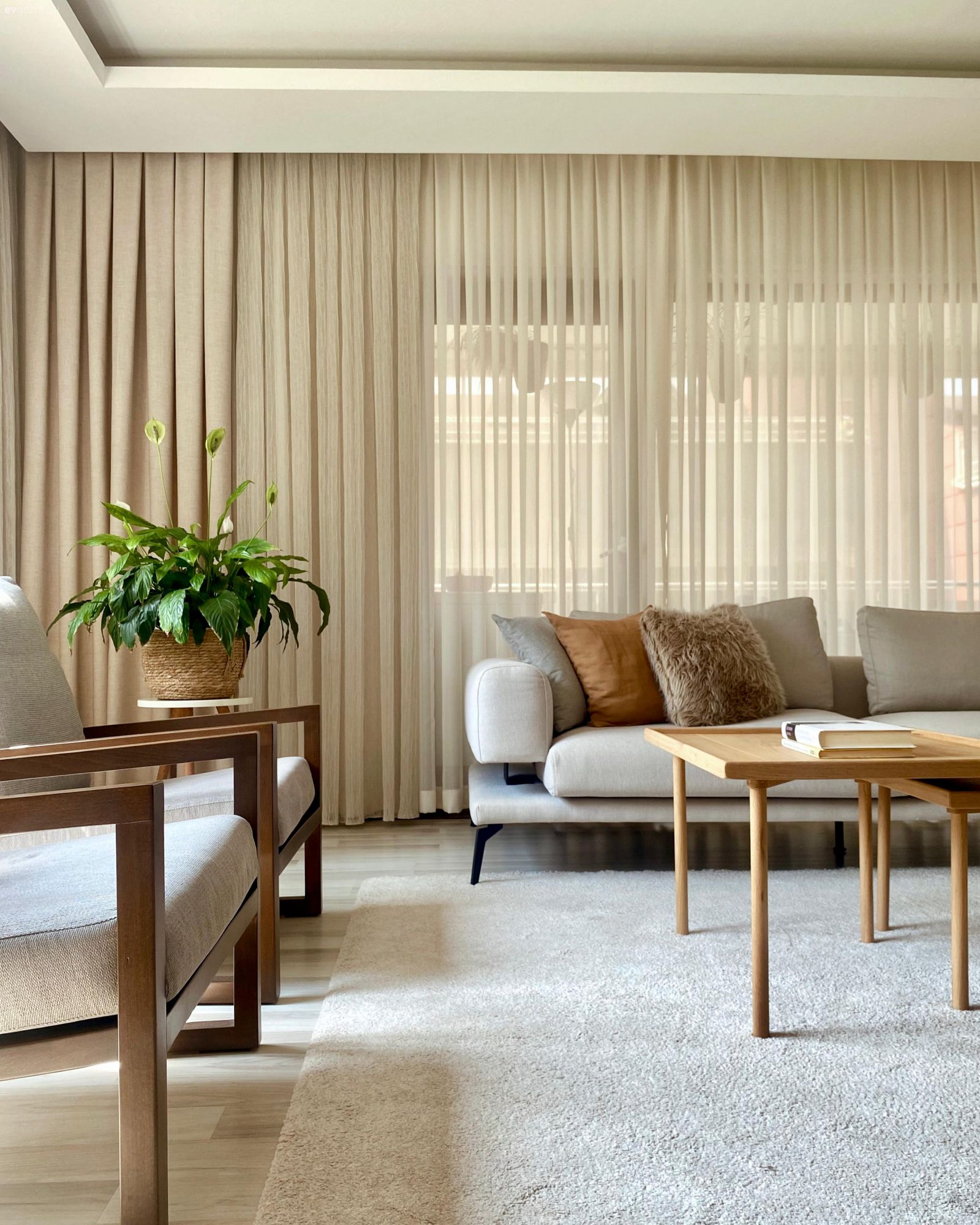 Salon, Modern, Bej, Krem, Vizon, Tül perde, Perde, Fon perde, Köşe koltuk, Koltuk takımı, Orta sehpa, Sehpa, Berjer, Ahşap Mobilya, Ev bitkisi, Saksı