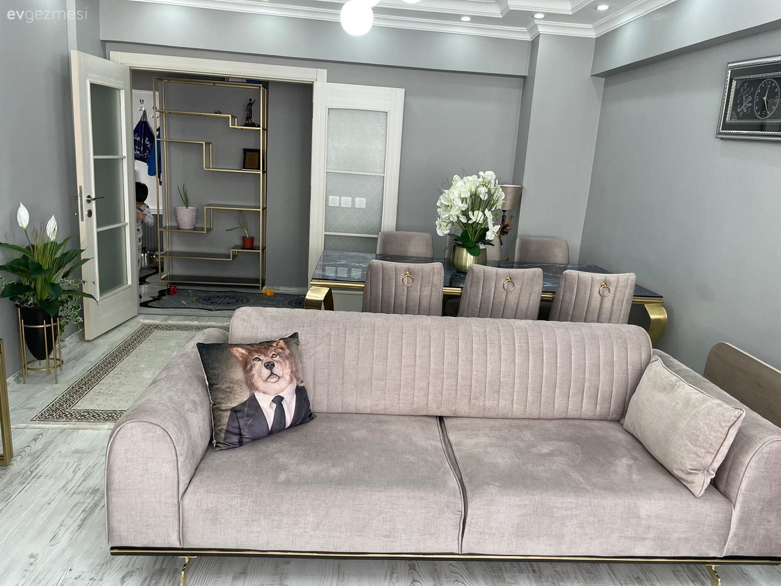 Salon, Gri, Bej, Krem, Altın, Koltuk takımı, Sandalye, Yemek masası, Salon avizesi, Ev bitkisi, Tül perde, Perde, Tv ünitesi, Tv ünitesi aksesuarları, Ev Aksesuar, Kırlent, Ev tekstili, Gri duvar