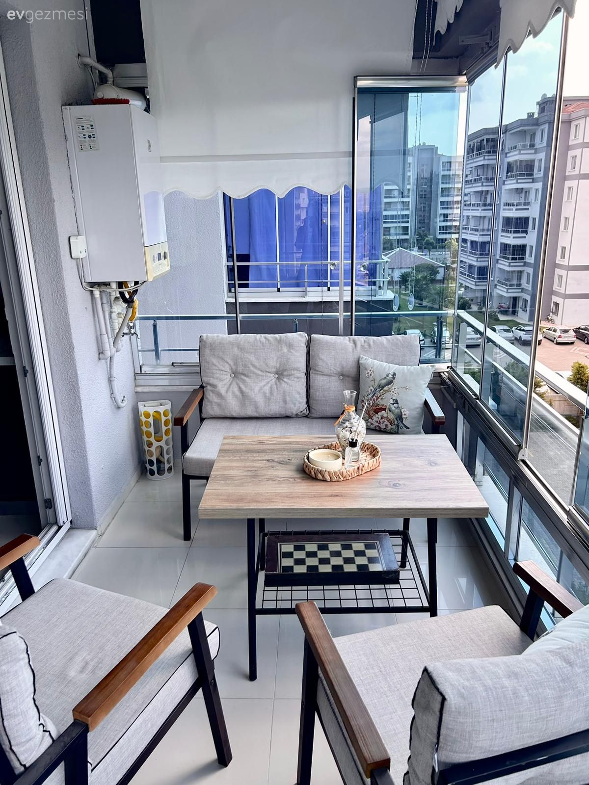 Balkon, Modern, Balkon masası, Balkon oturma grubu, Gri, Bej, Siyah