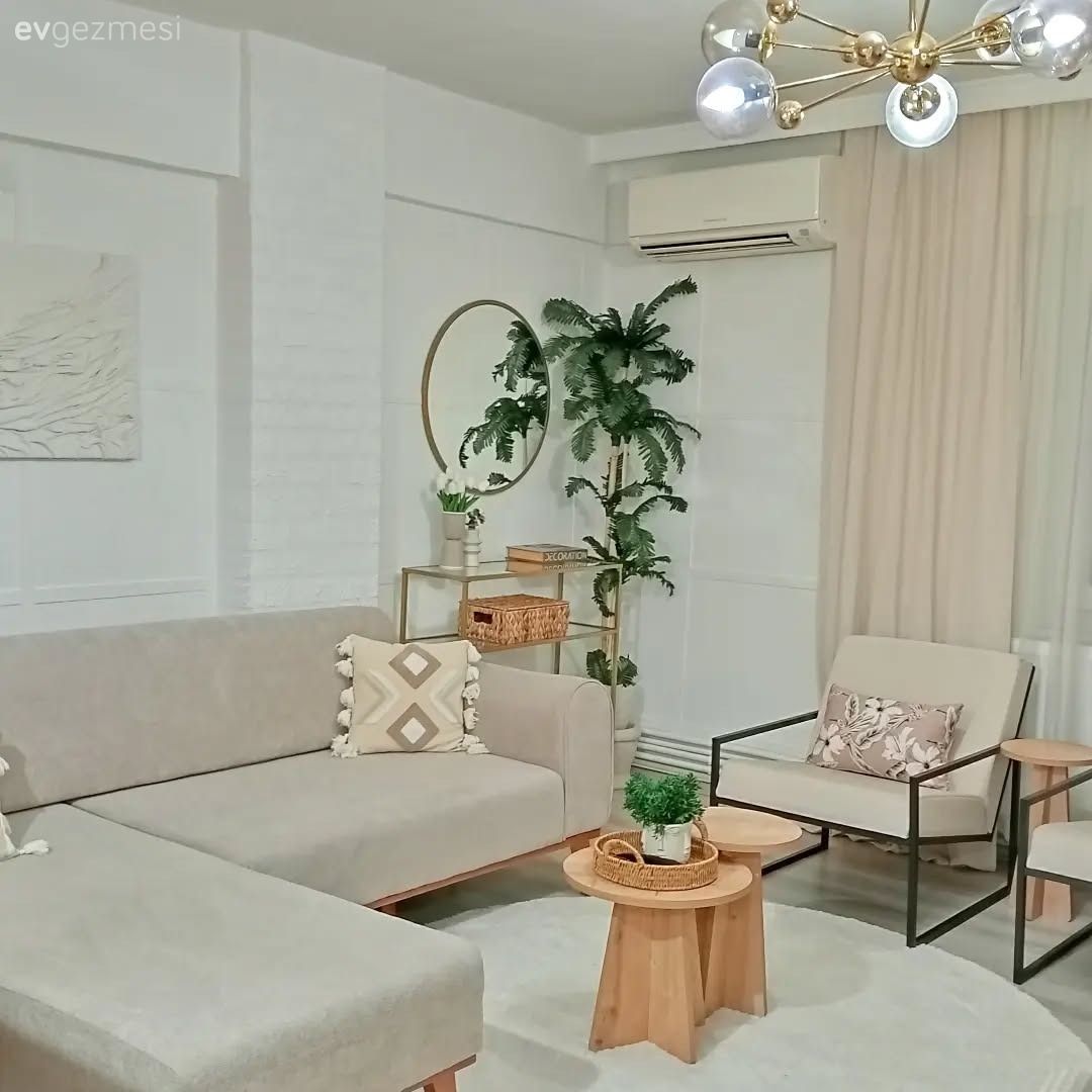 Salon, Modern, Bohem Dekorasyon, Krem, Bej, Köşe koltuk, Koltuk takımı, Berjer, Fon perde, Perde, Ev bitkisi, Siyah, Ayna, Halı