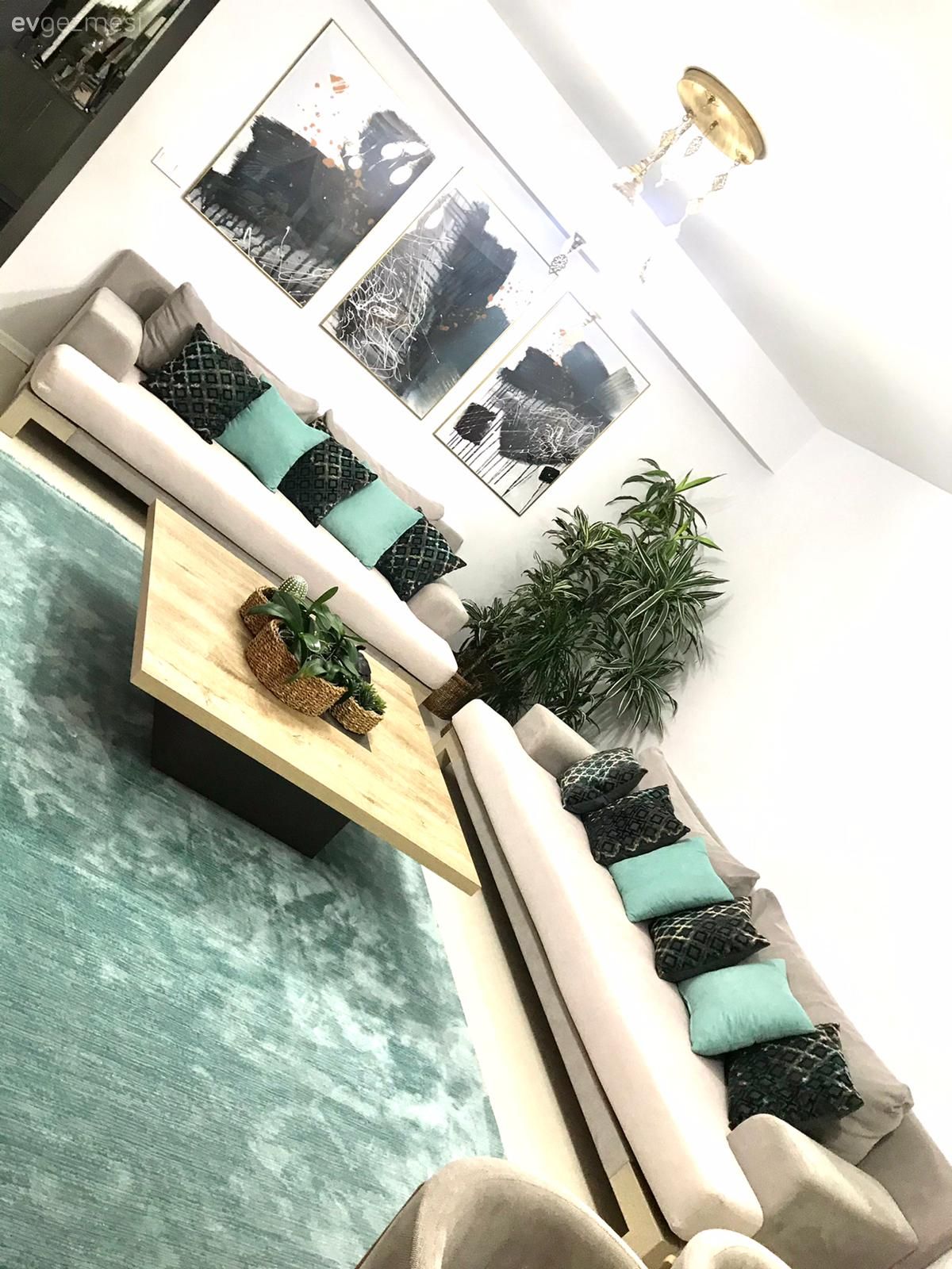 Modern rustik, Salon, Bej, Gri, Yeşil, Tablo, Duvar dekorasyonu, Kırlent, Ev tekstili, Halı, Salon halısı, Orta sehpa, Sehpa, Sehpa üstü aksesuarı, Ev Aksesuar, Ev bitkisi, Ahşap Mobilya, Turkuaz